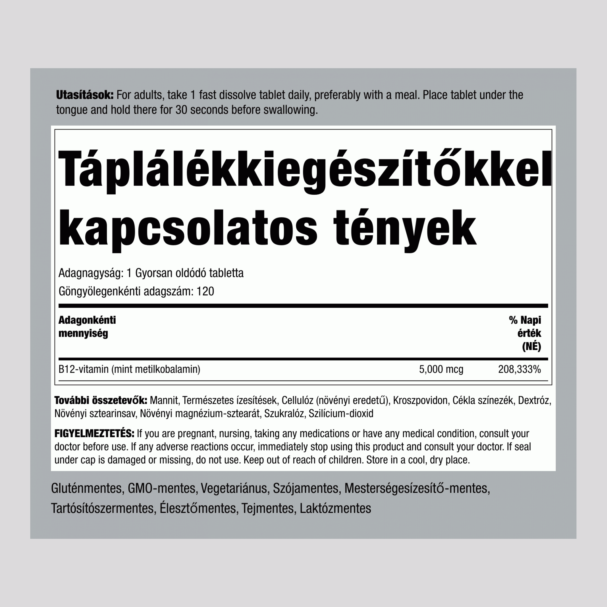 Metilkobalamin B-12 (nyelv alá helyezendő) 5000 mcg 120 Gyorsan oldódó tabletta     