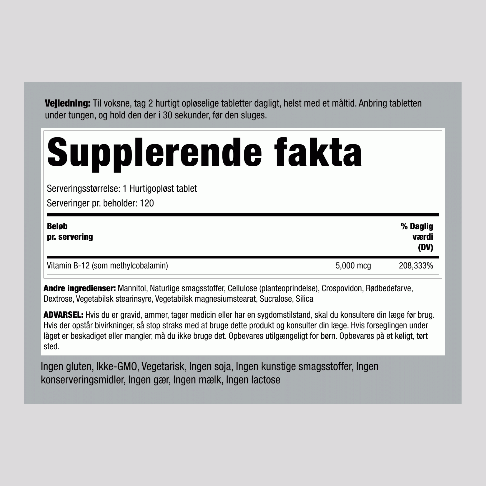 Methylcobalamin B-12 (placeres under tungen),  5000 mcg 120 Hurtigt opløselige tabletter 2 Flasker
