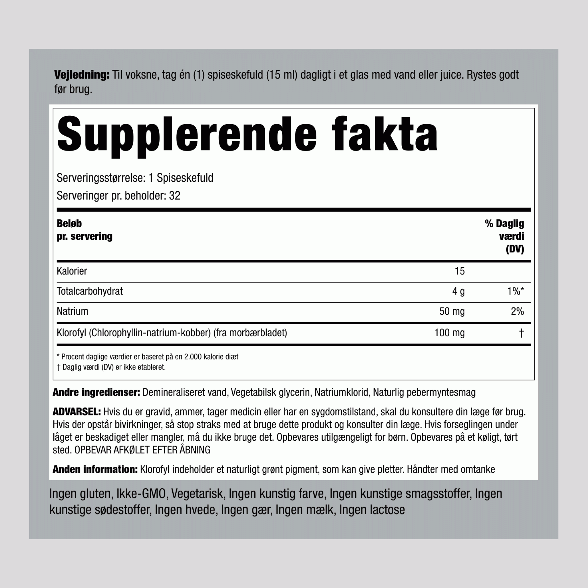 Flydende Klorofyl (Naturlig Pebermynte), 100 mg (pr. portion), 16 fl oz (473 mL) Flaske