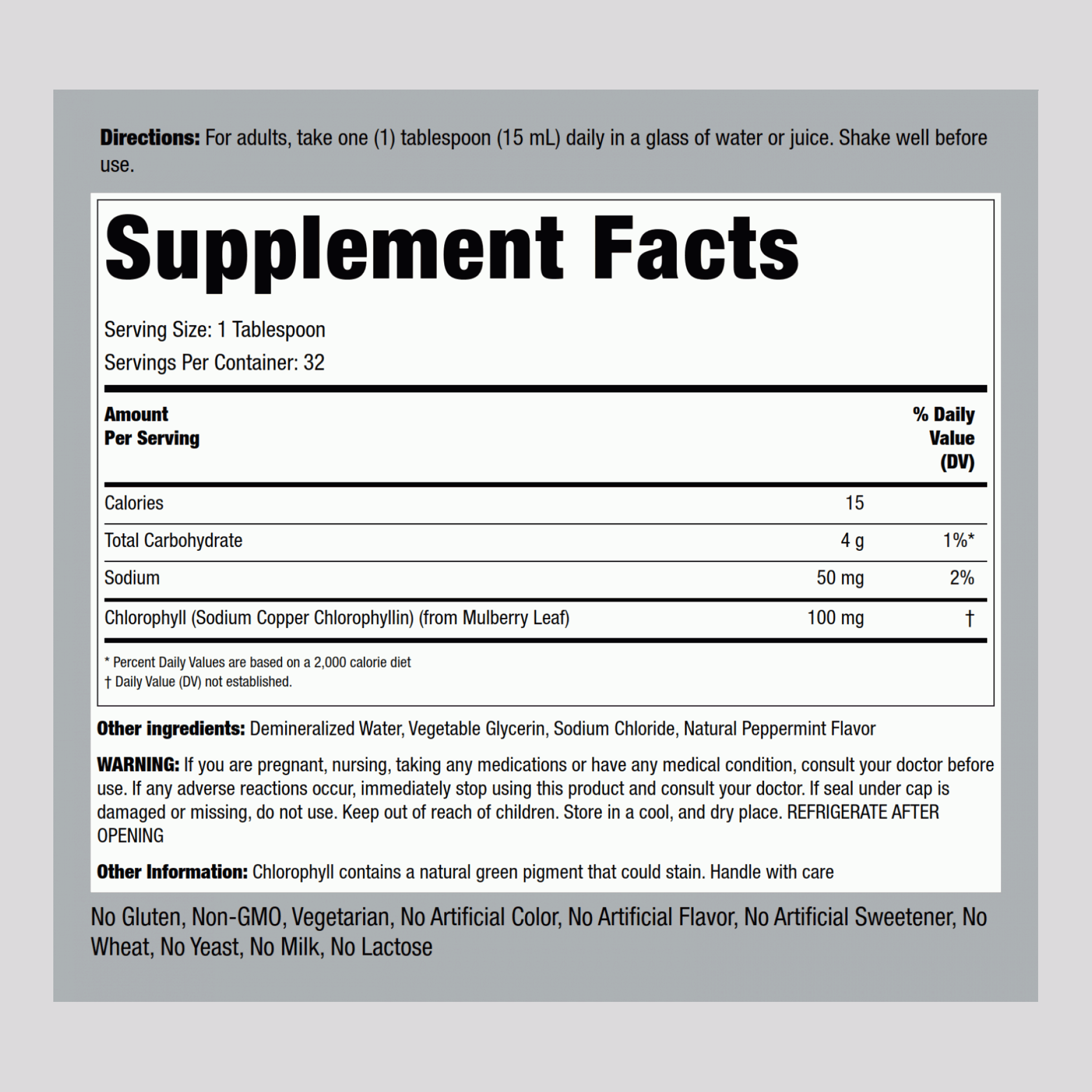 Liquid Chlorophyll (Natural Peppermint), 100 mg (per serving), 16 fl oz (473 mL) Bottle