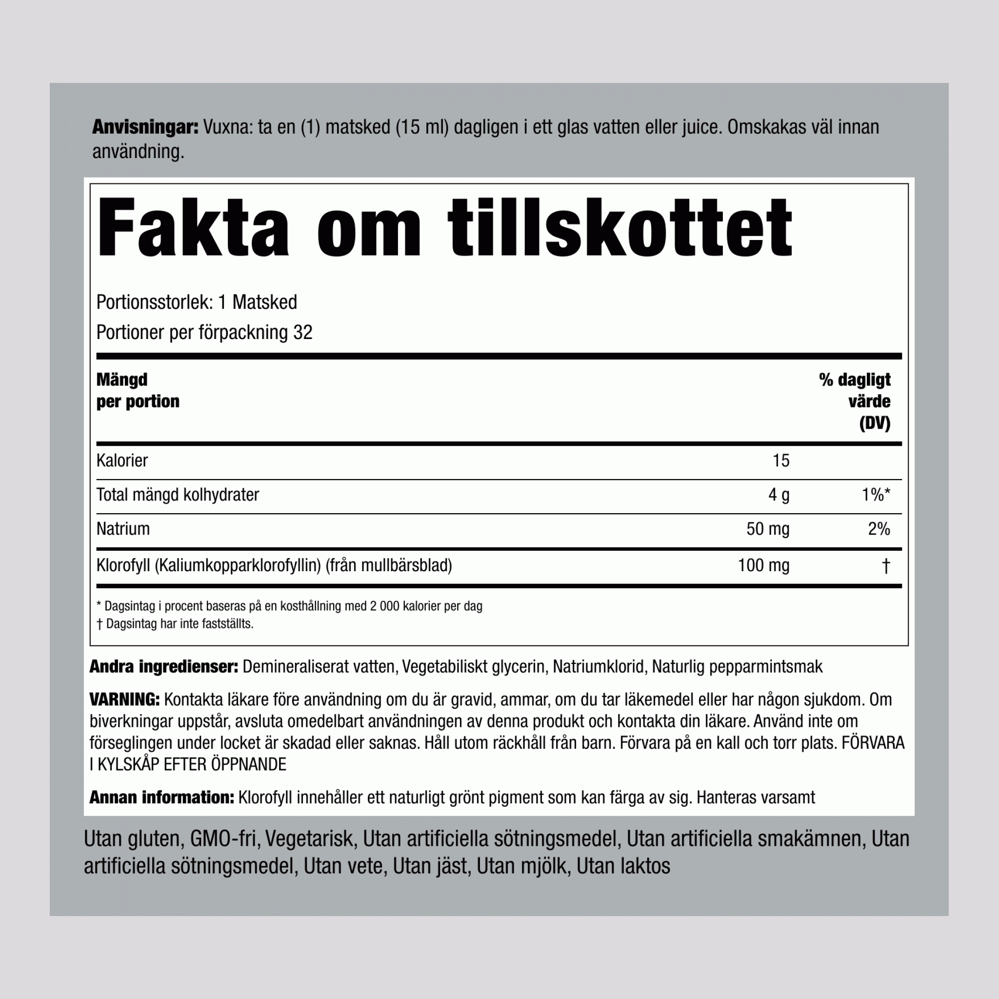 Flytande klorofyll (naturlig pepparmint), 100 mg (per portion), 16 fl oz (473 mL) Flaska