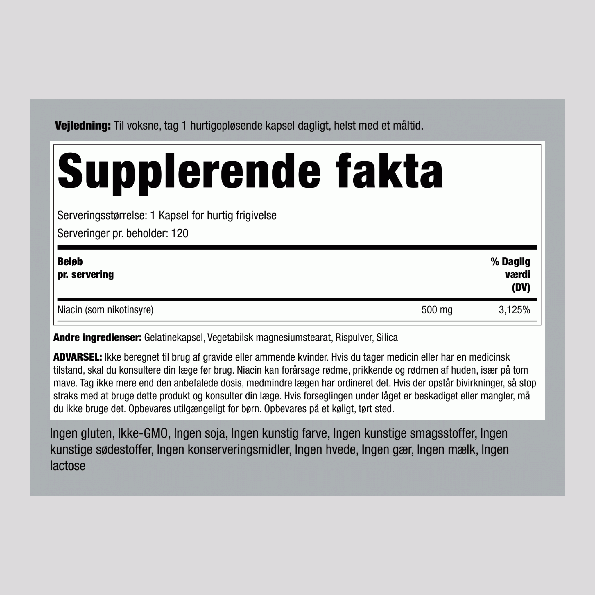 Niacin  500 mg 120 Kapsler for hurtig frigivelse   