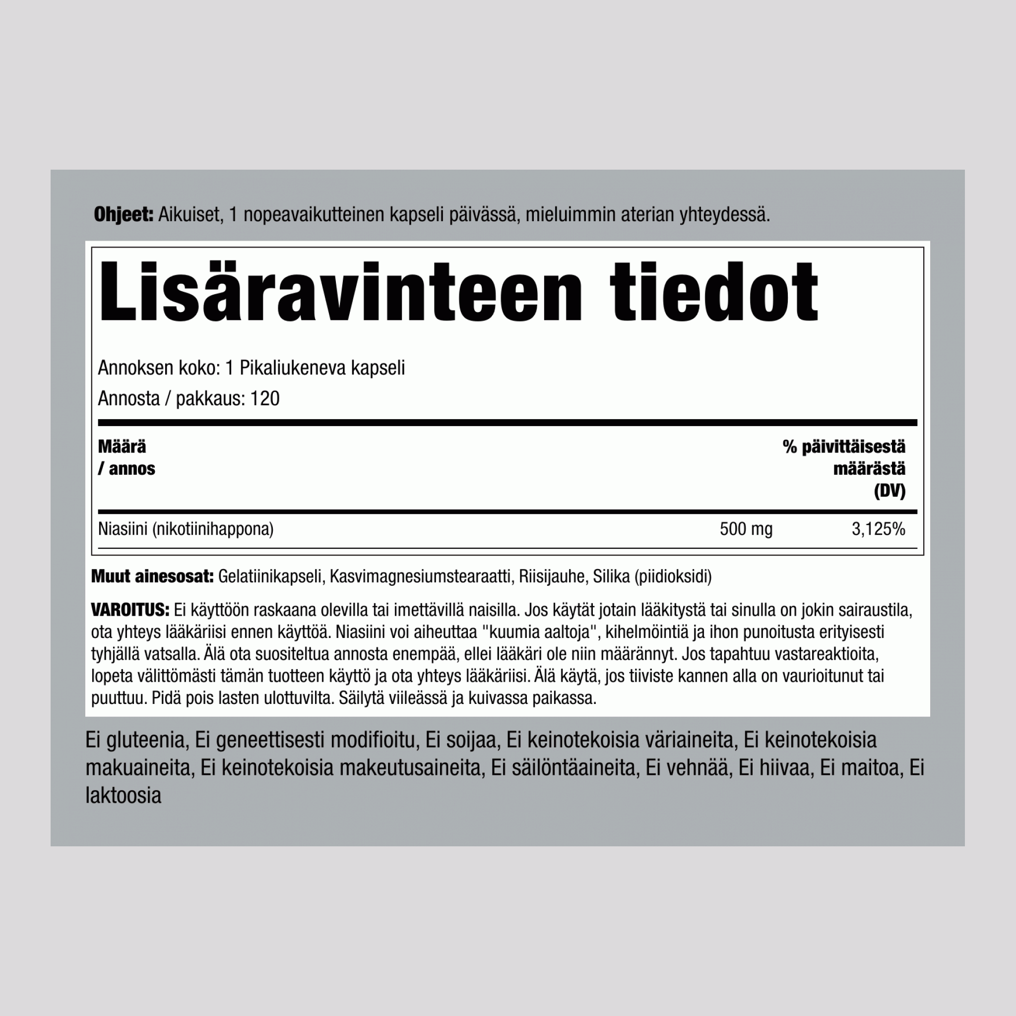 Niasiini  500 mg 120 Pikaliukenevat kapselit   