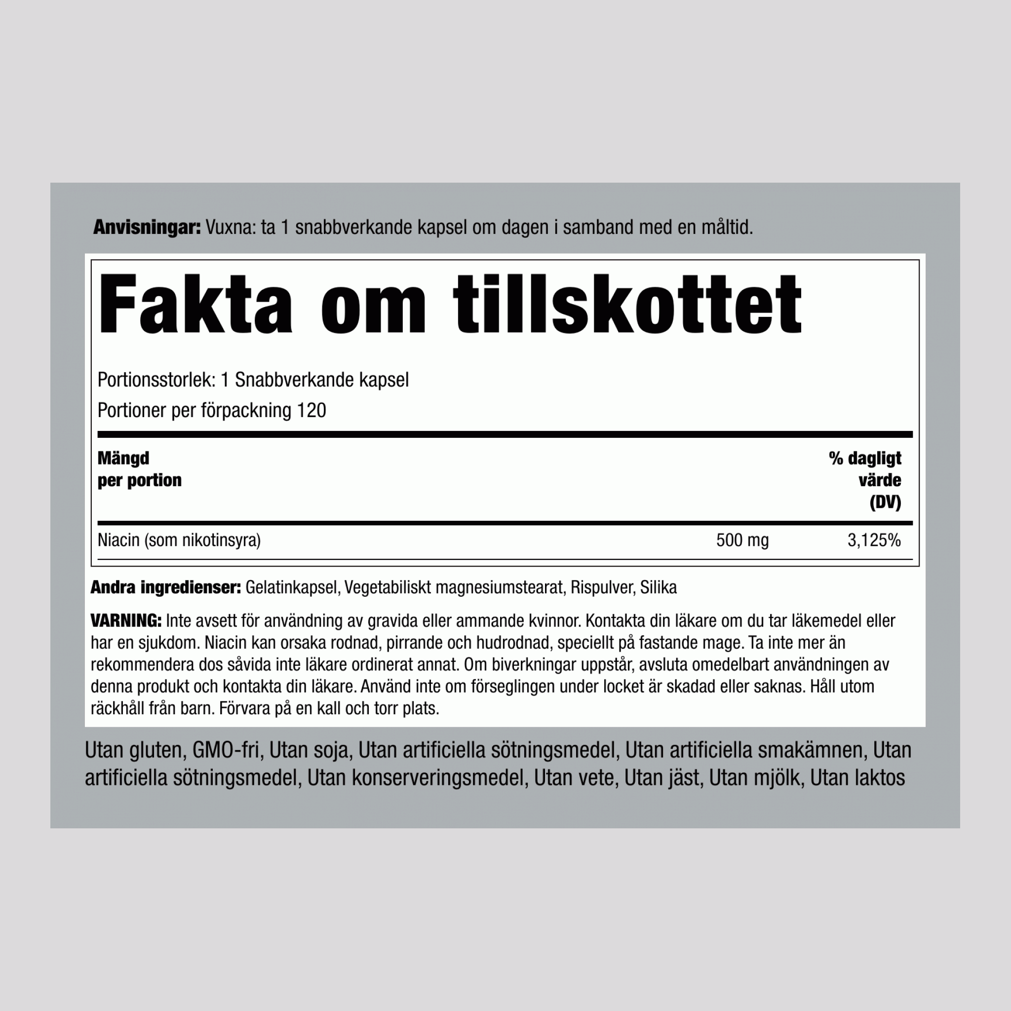 Niacin  500 mg 120 Snabbverkande kapslar ,2 Flaskor   