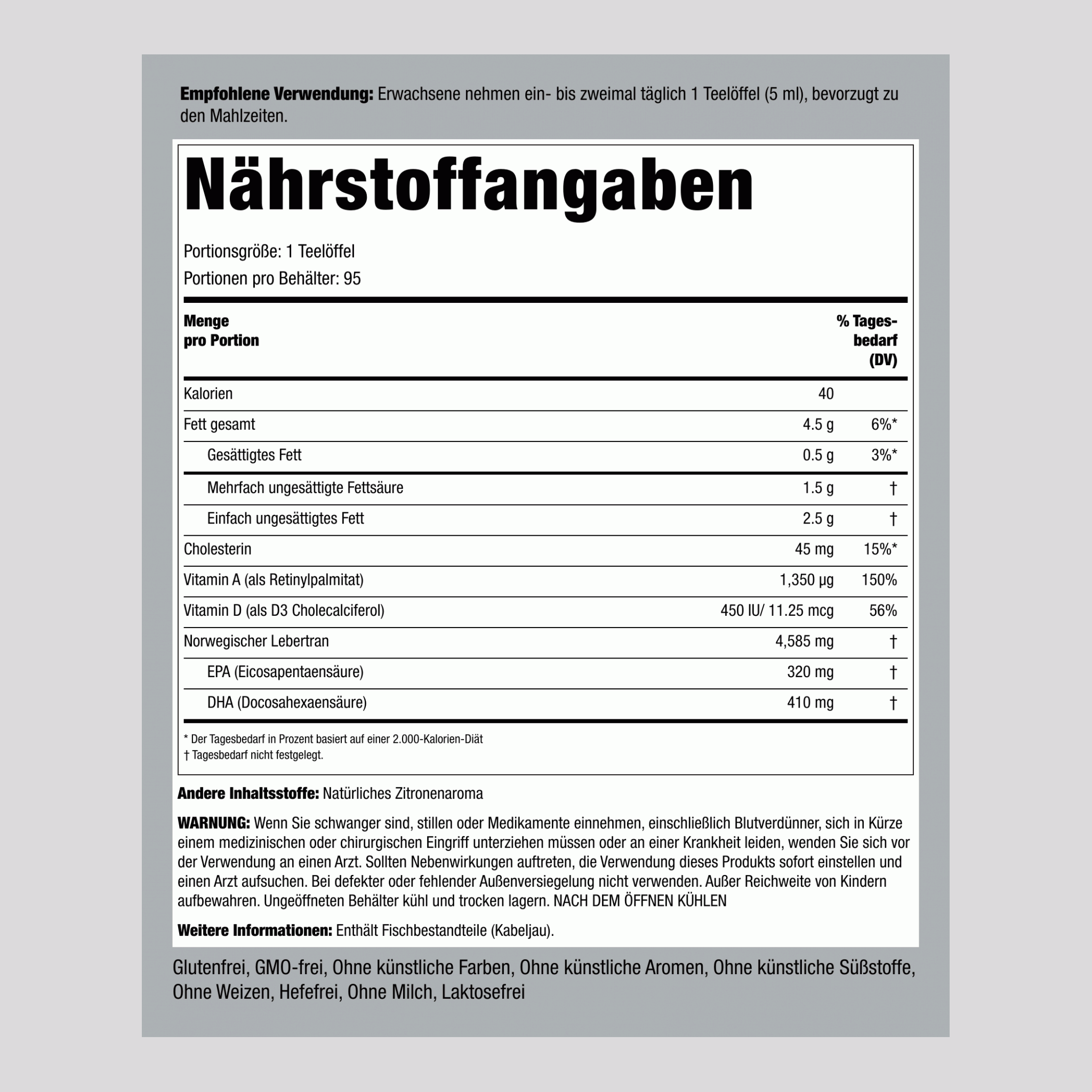 Engelvaer Norwegischer Lebertran (natürliches Zitronenaroma) 16 fl oz 473 ml Flasche    