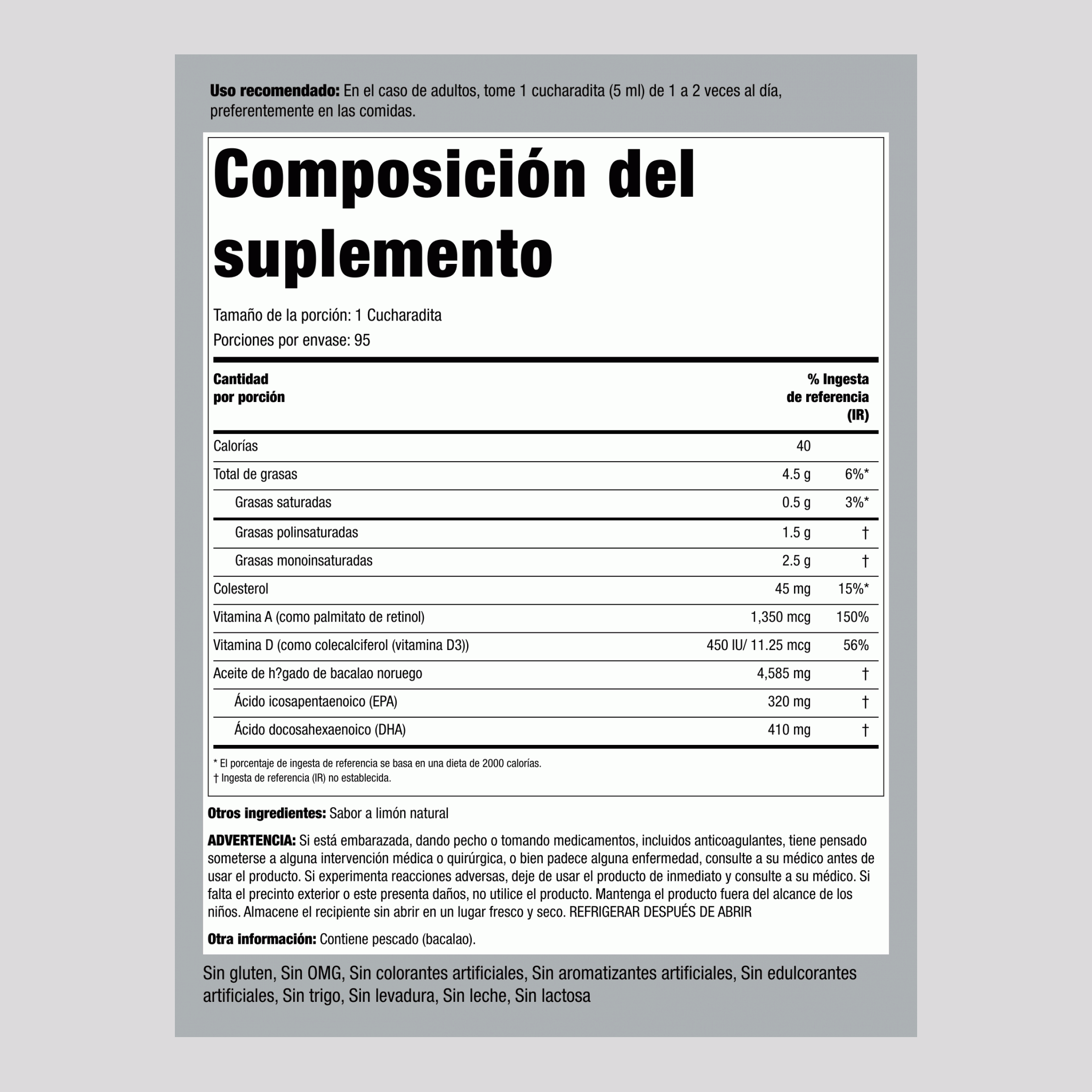 Aceite de hígado de bacalao noruego Engelvaer (sabor a limón natural) 16 fl oz 473 mL Botella/Frasco    