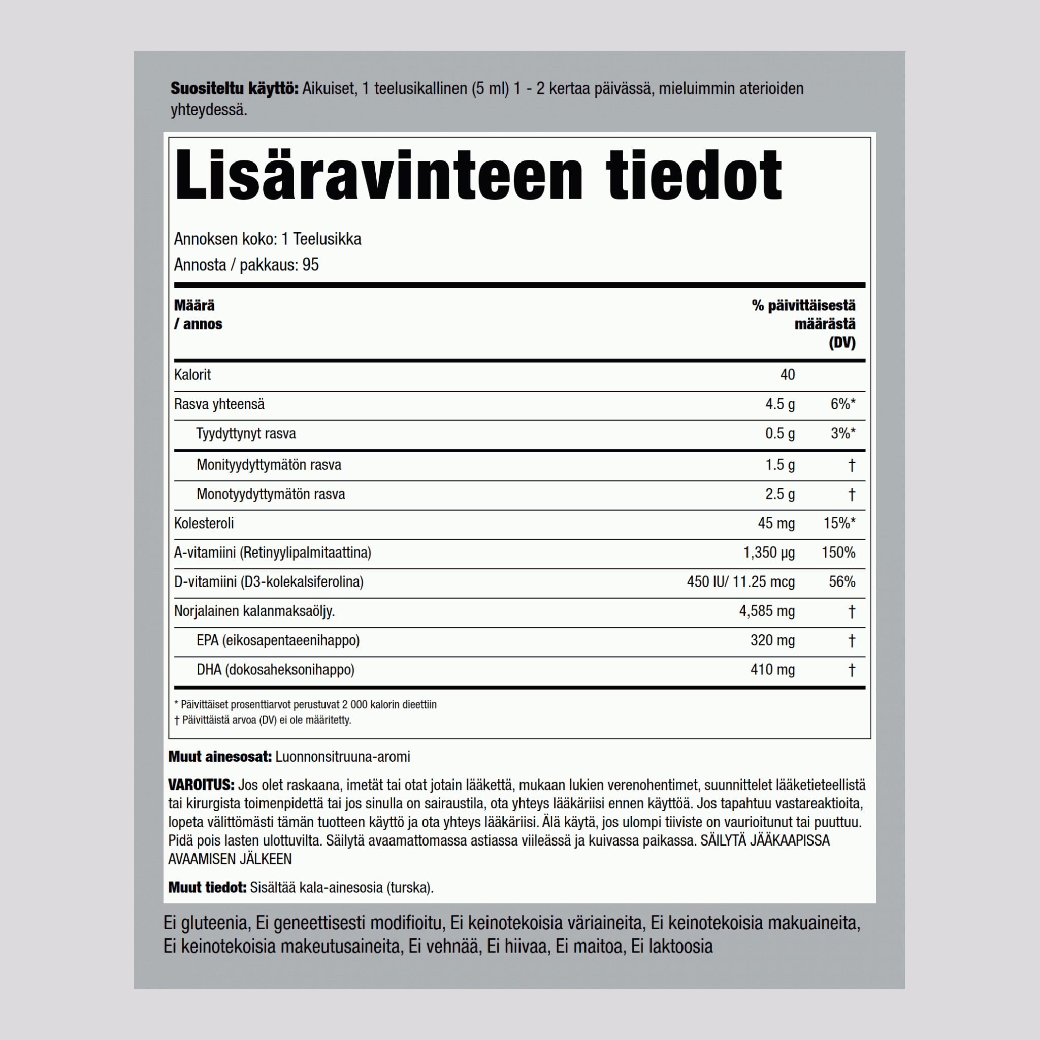 Engelvaer norjalainen kalanmaksaöljy (luonnonsitruunan maku) 16 fl oz 473 ml Pullo    