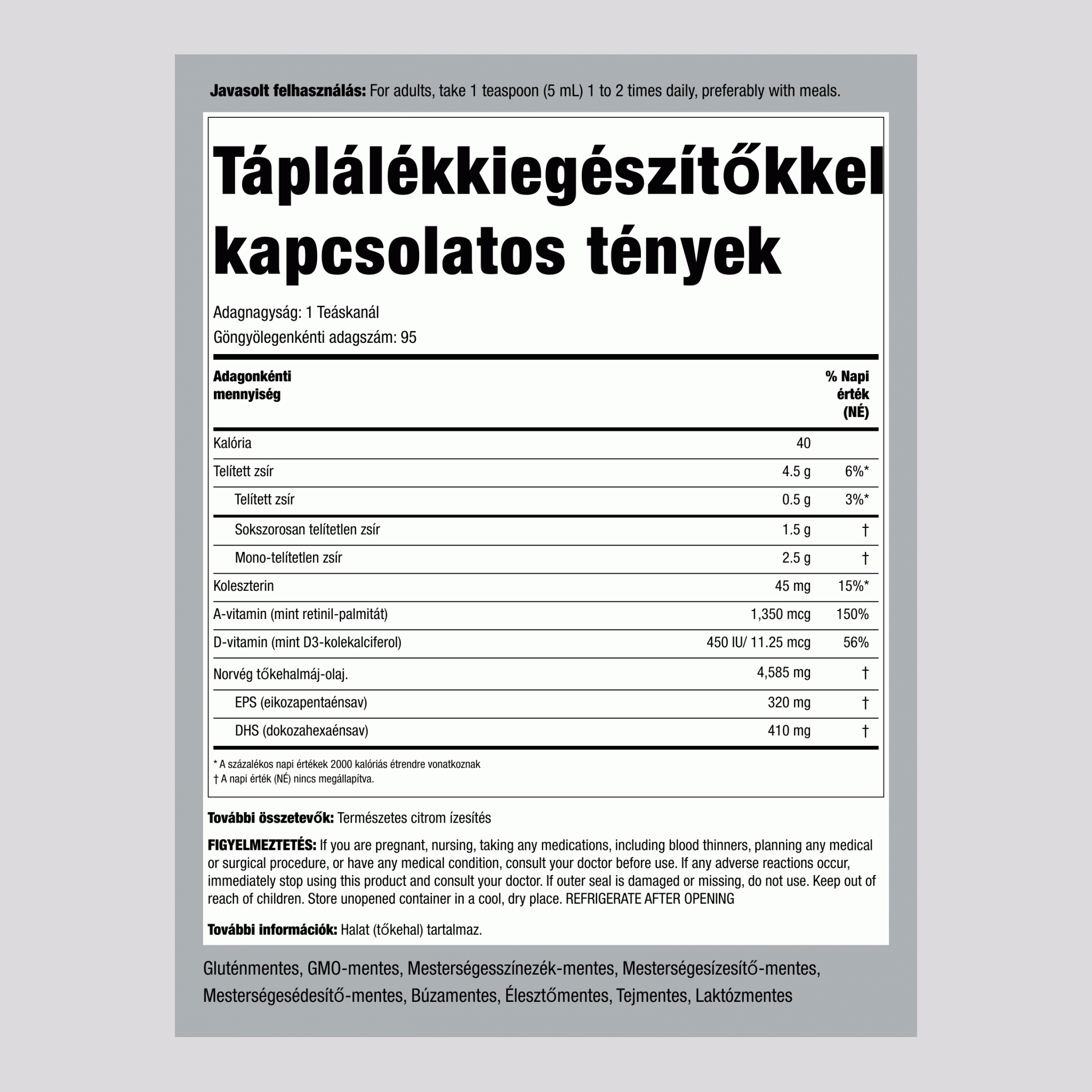 Engelvaer norvég tőkehalmáj-olaj (természetes citrom ízesítés) 16 fl oz 473 ml Palack    