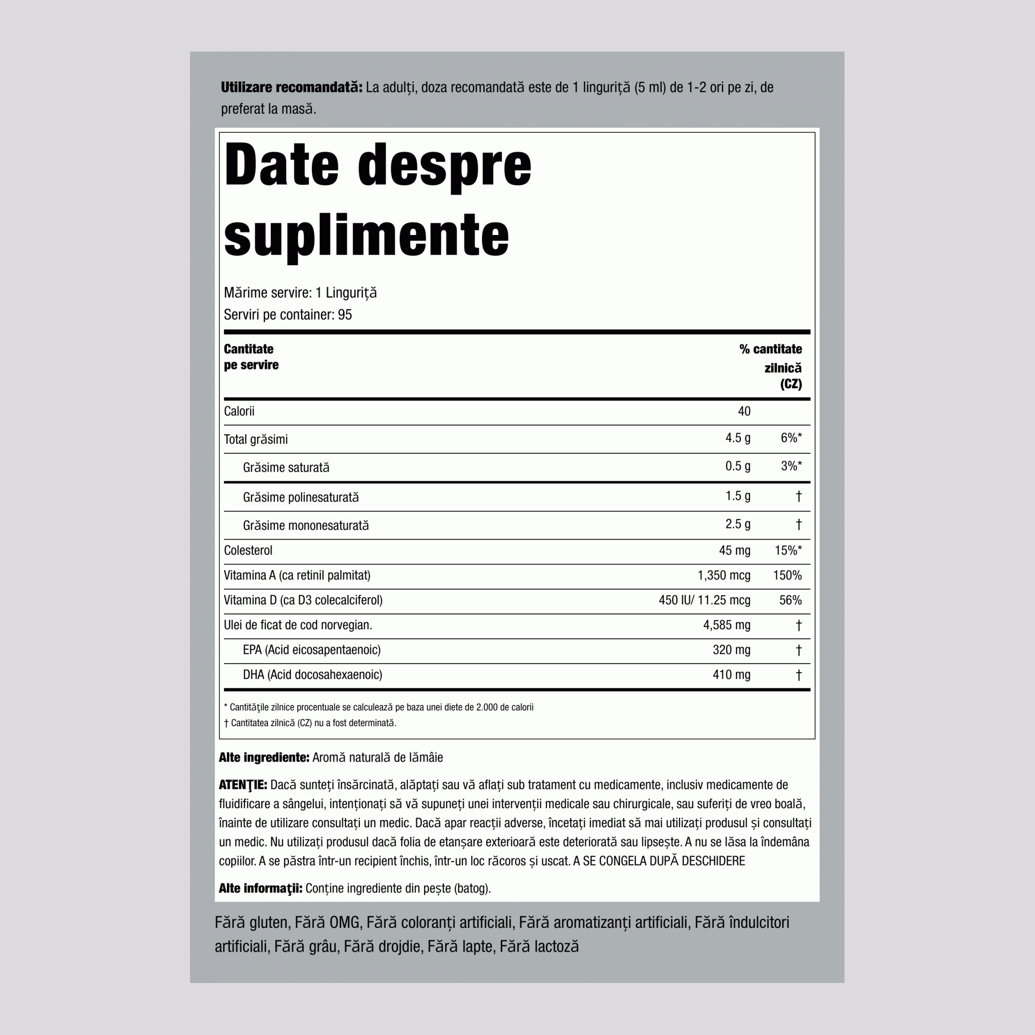 Ulei de ficat de cod norvegian Engelvaer (aromă naturală de lămâie) 16 fl oz 473 ml Sticlă    