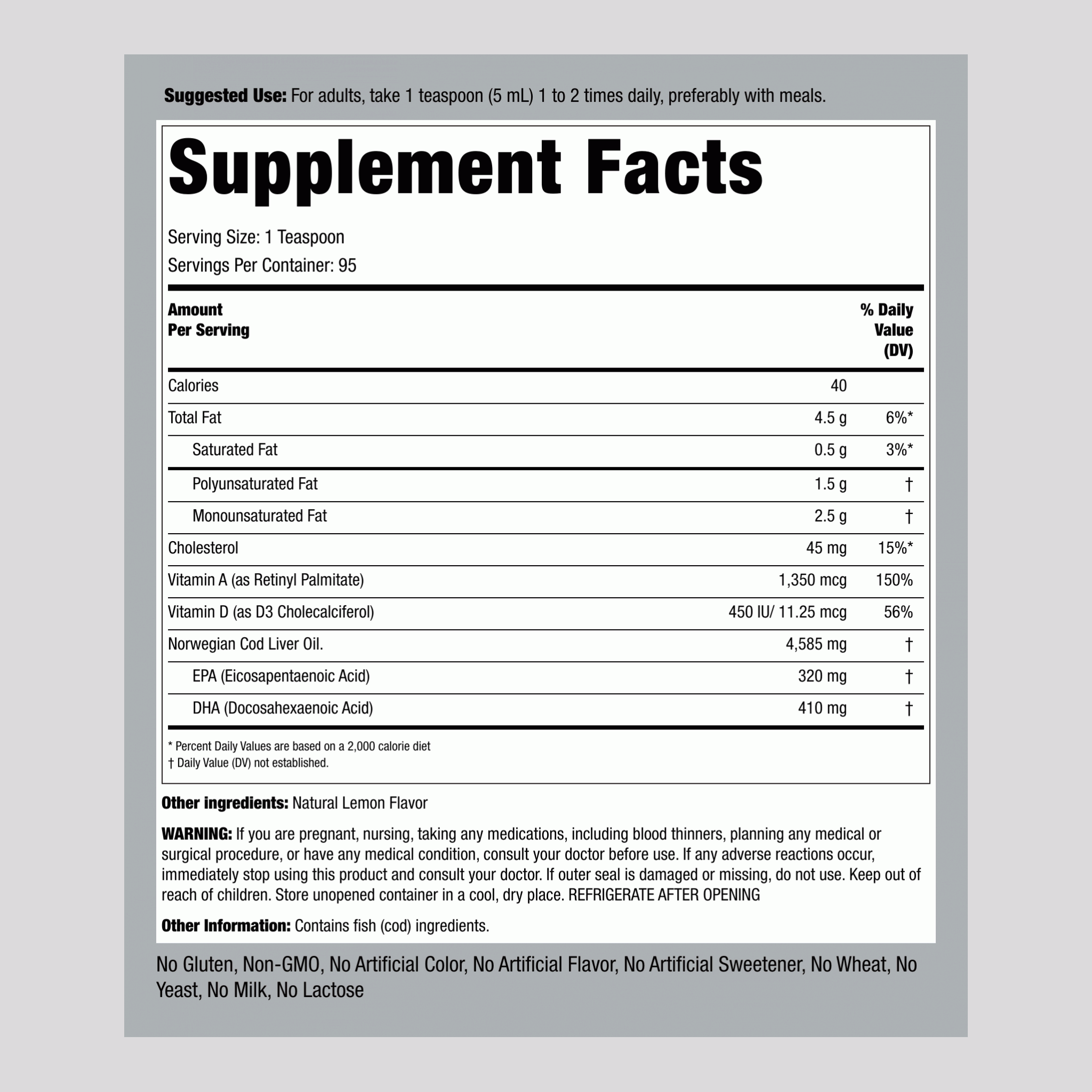 Engelvaer 挪威魚肝油（天然檸檬口味） 16 fl oz 473 毫升 酒瓶    