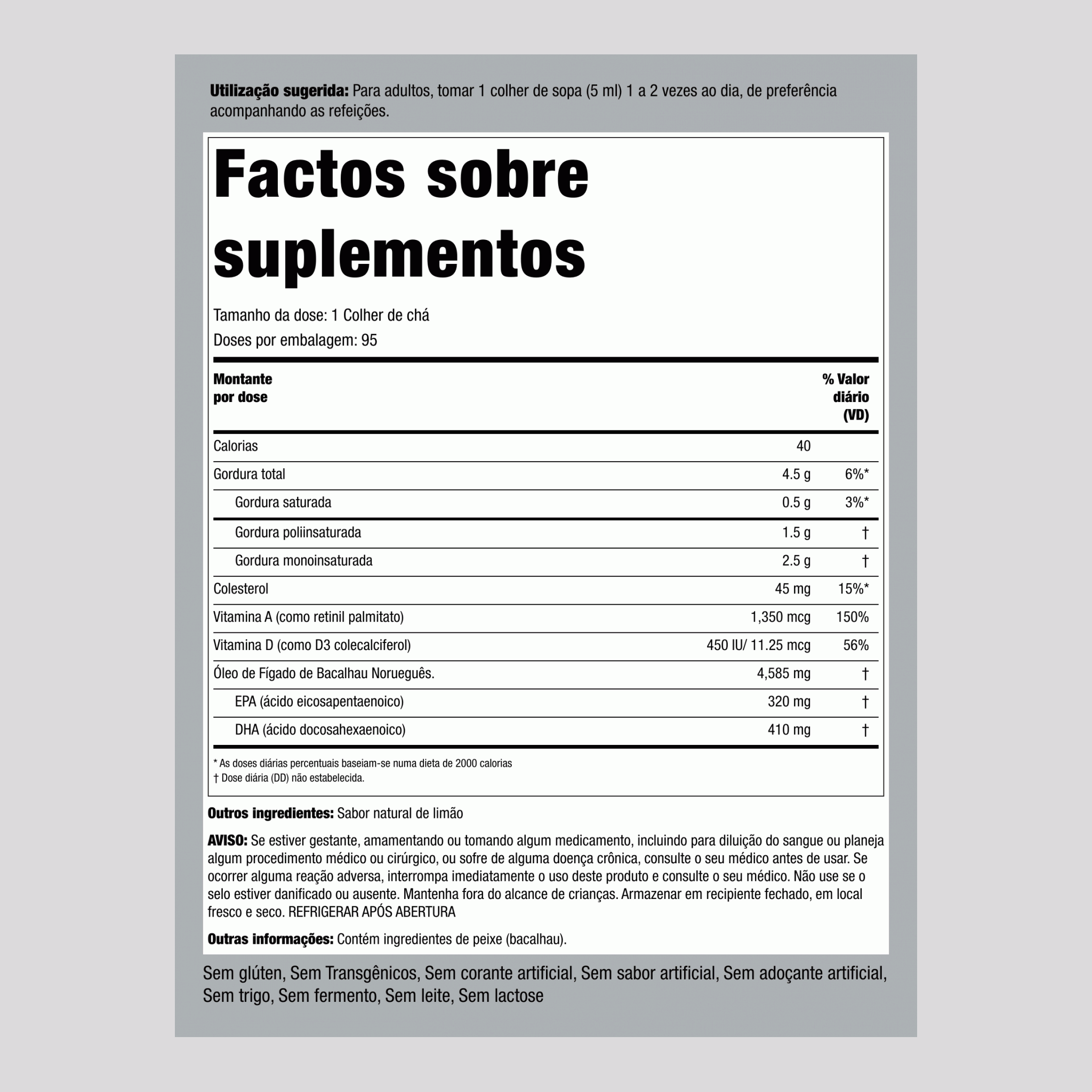 Óleo de Fígado de Bacalhau Norueguês Engelvaer (Sabor Limão) 16 fl oz 473 ml Frasco 3 Frascos 