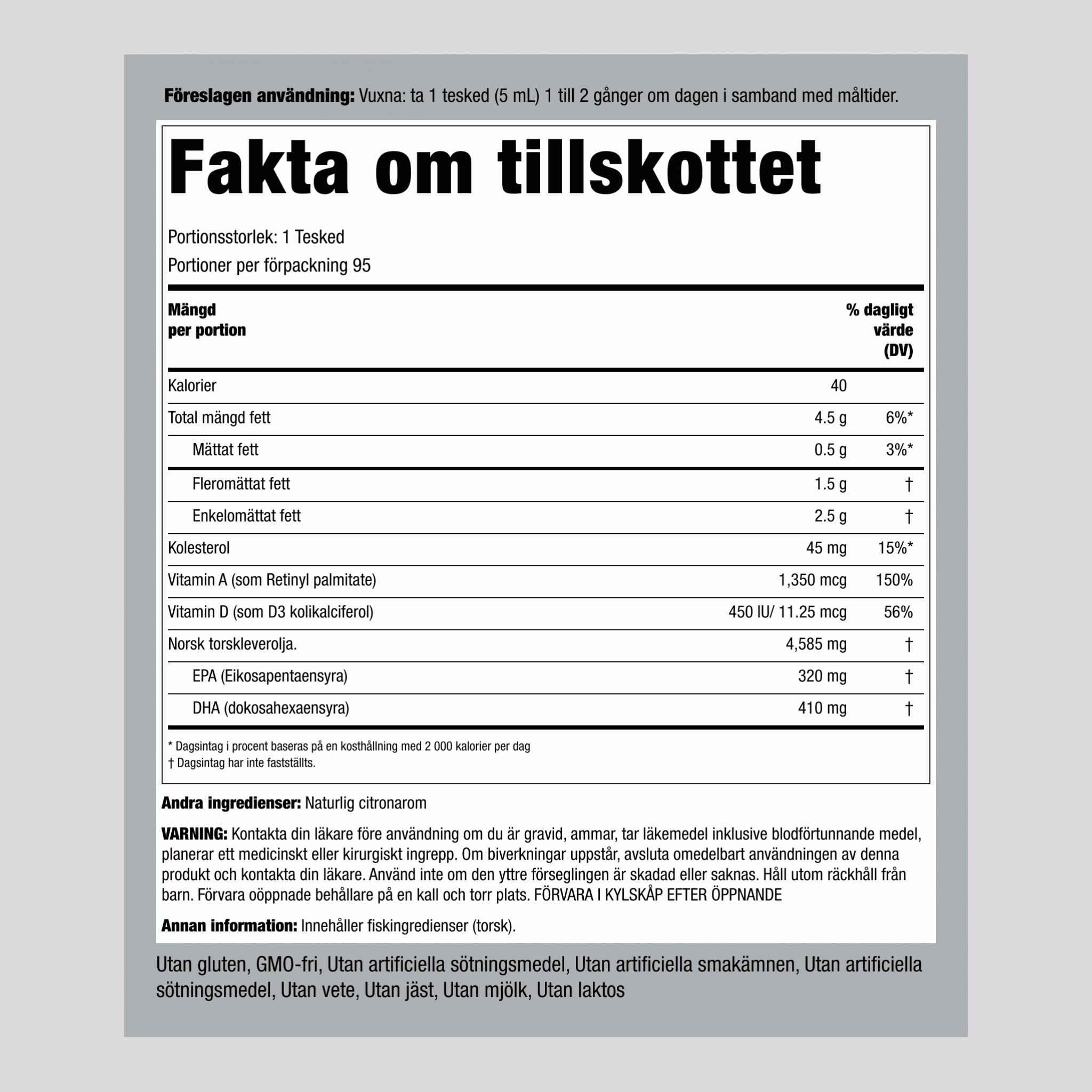 Engelvaer olje iz jeter polenovke (okus limone) 16 tekočinska unča 473 ml Steklenica 3 Steklenice 