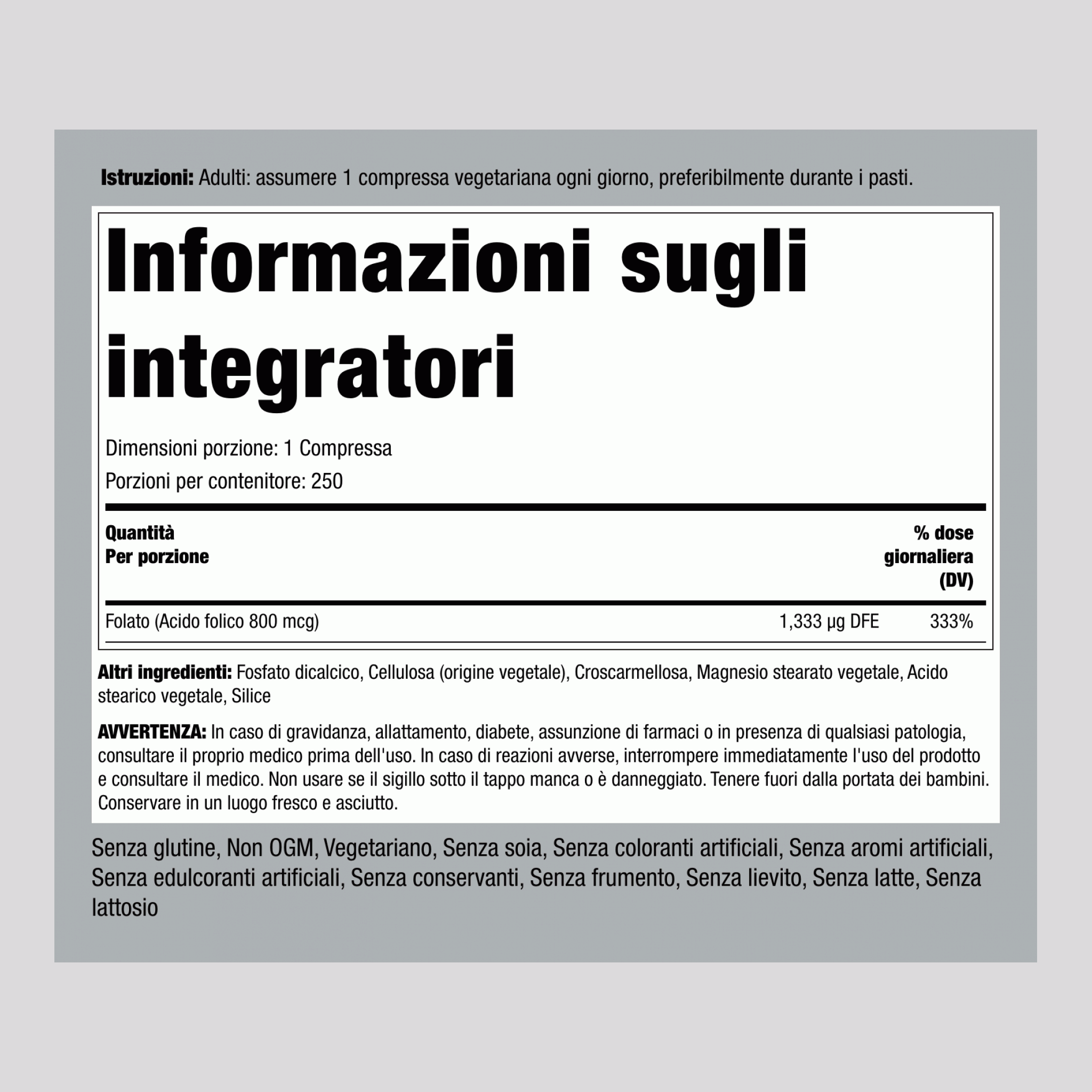 Acido folico  800 mcg 250 Compresse 2 Bottiglie   