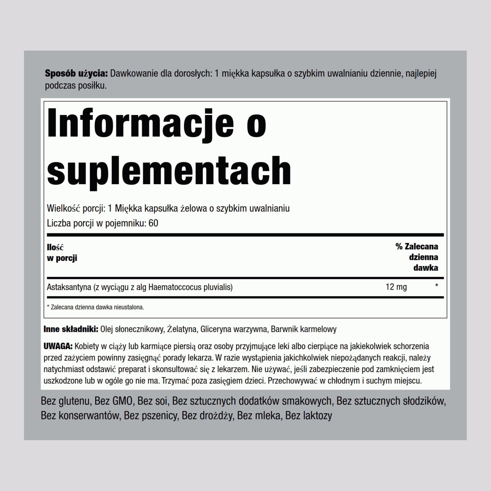 Astaksantyna 12 mg 60 Miękkie kapsułki żelowe o szybkim uwalnianiu     