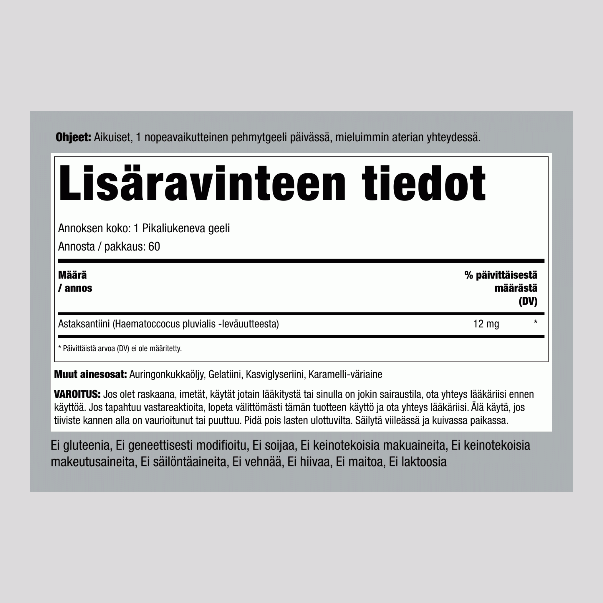 Astaksantiini,  12 mg 60 Pikaliukenevat geelit 2 Pulloa