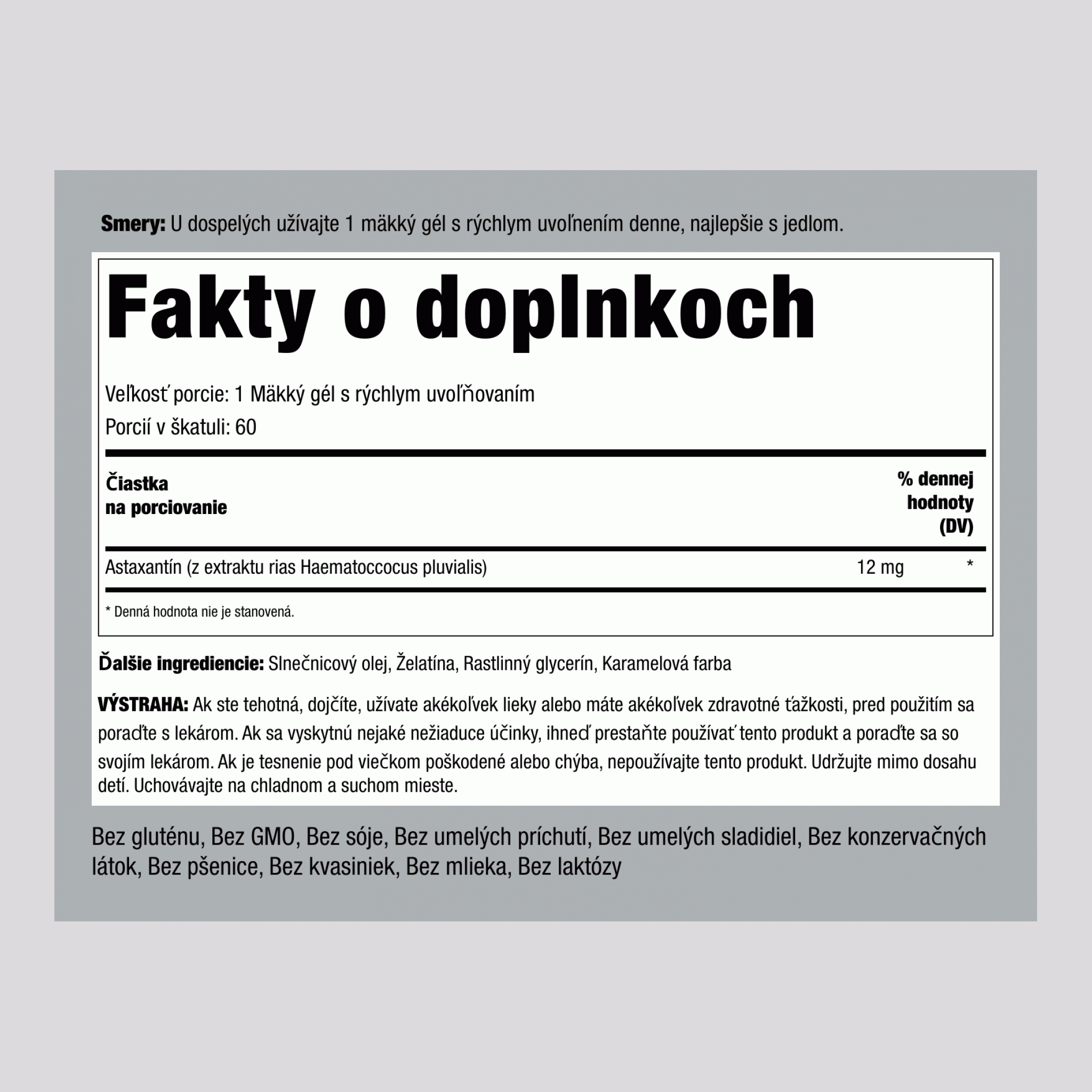 Astaxantín,  12 mg 60 Mäkké gély s rýchlym uvoľňovaním 2 Fľaše