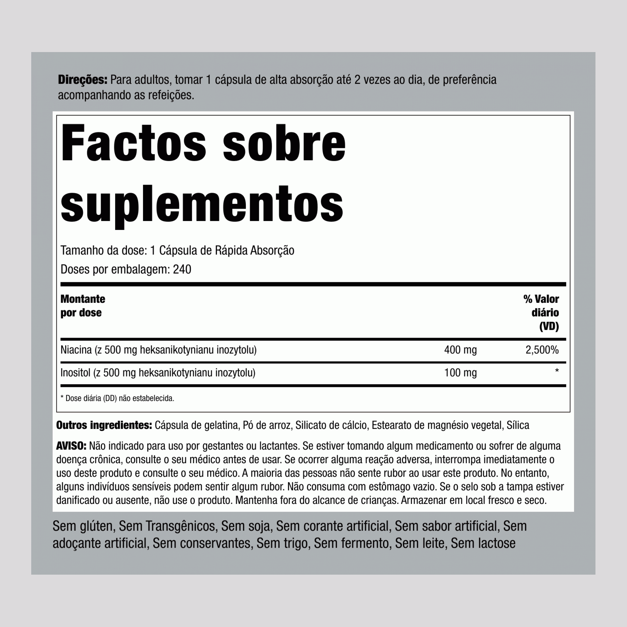Niacina sem vermelhidão  500 mg 240 Cápsulas de Rápida Absorção     