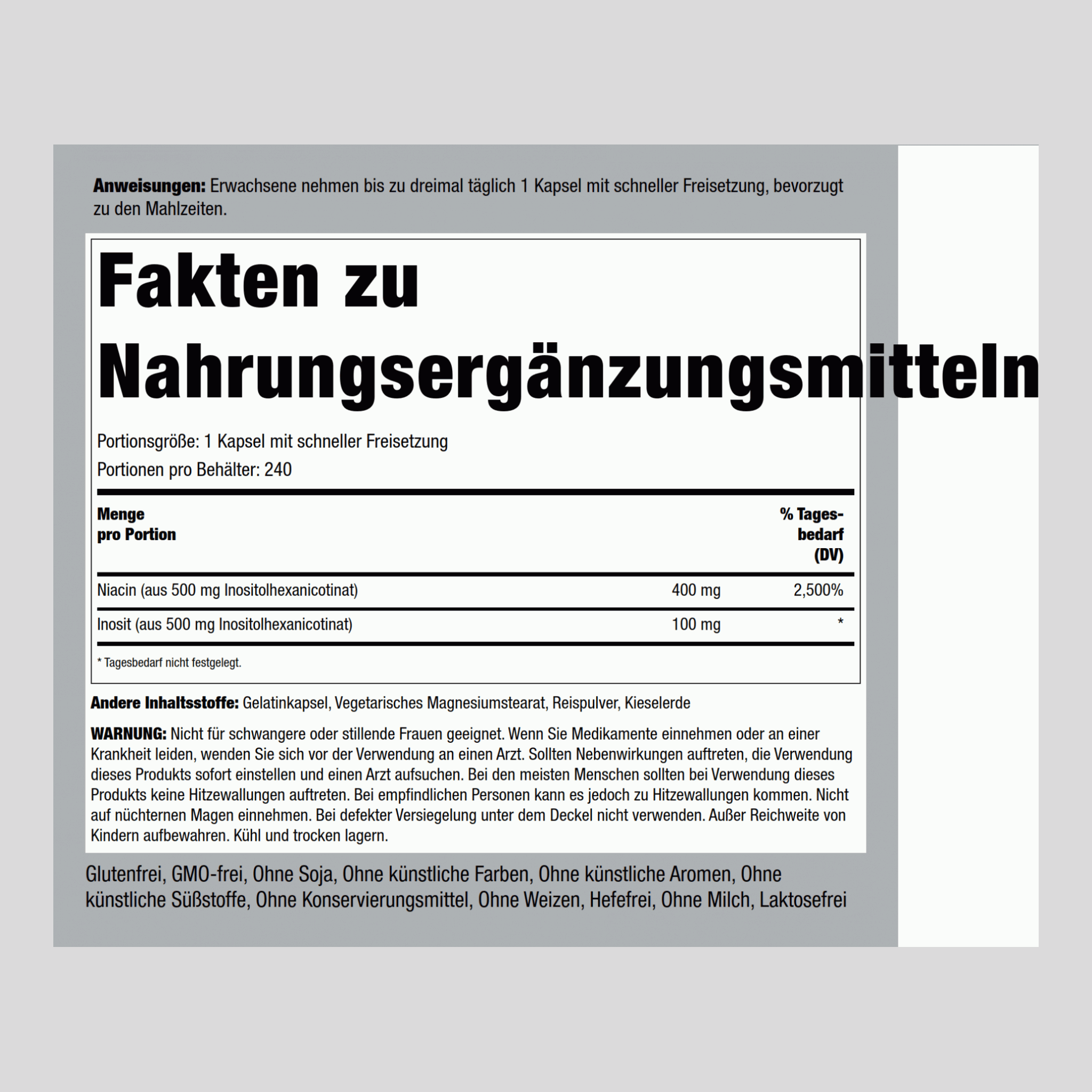 Trocken einnehmbares Niacin  500 mg 240 Kapseln mit schneller Freisetzung     