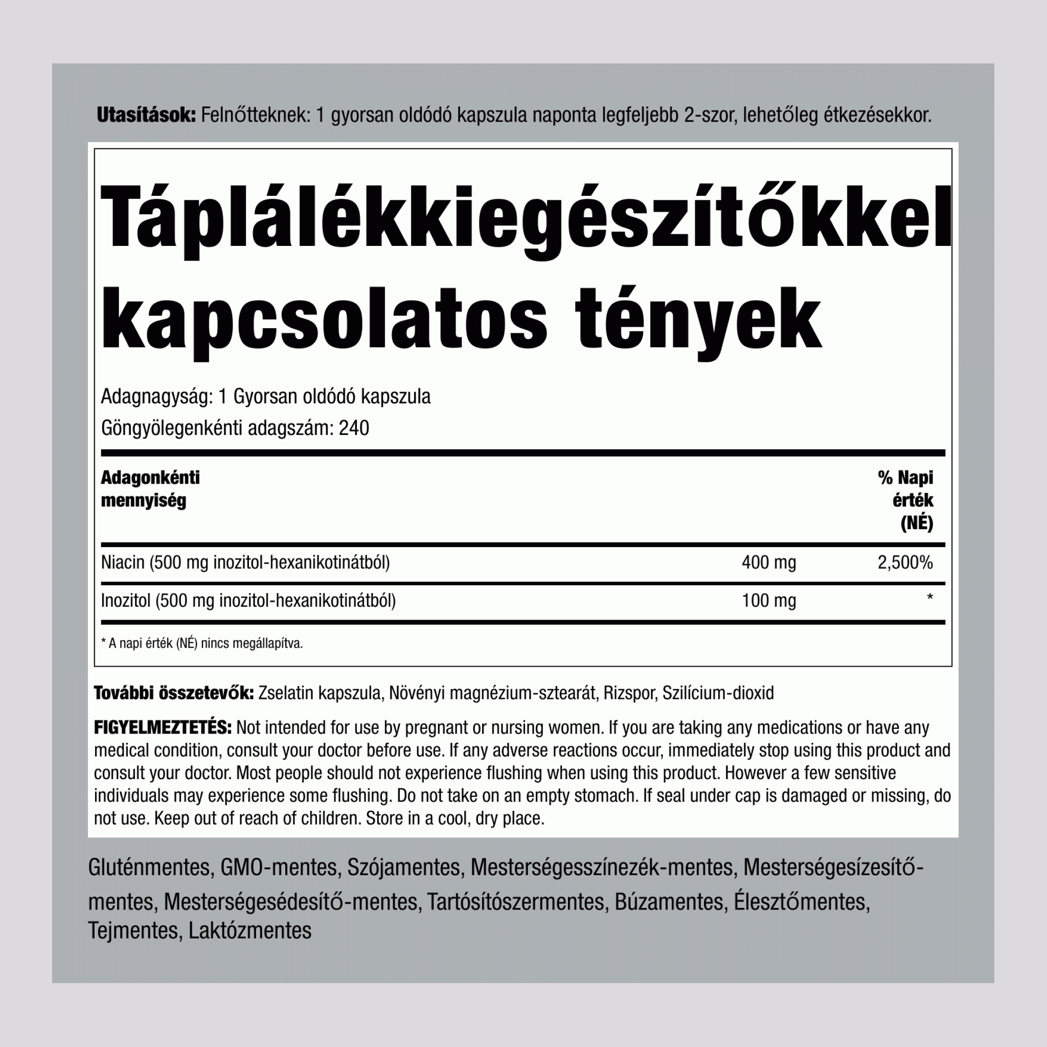 Öblítésmentes niacin  500 mg 240 Gyorsan oldódó kapszula 2 Palackok   