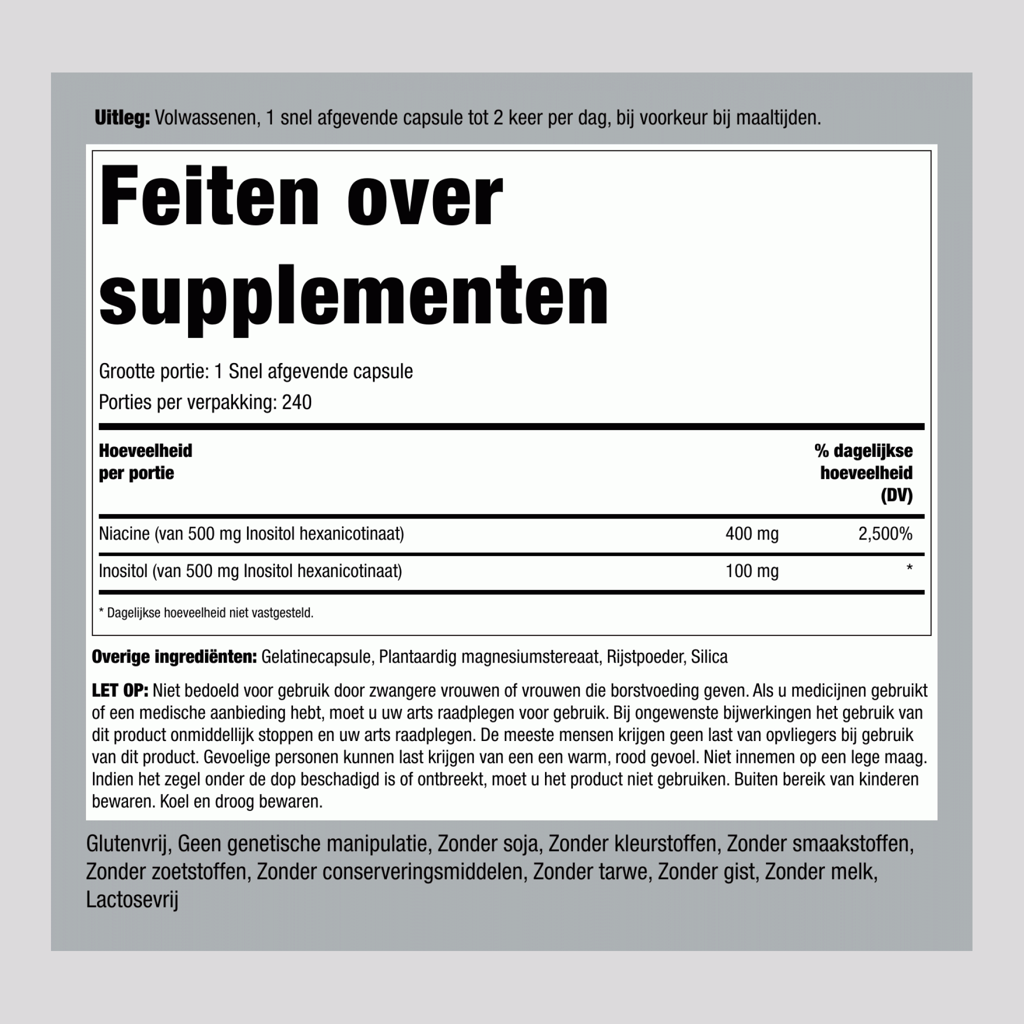 Spoelvrije niacine  500 mg 240 Snel afgevende capsules 2 Flessen   