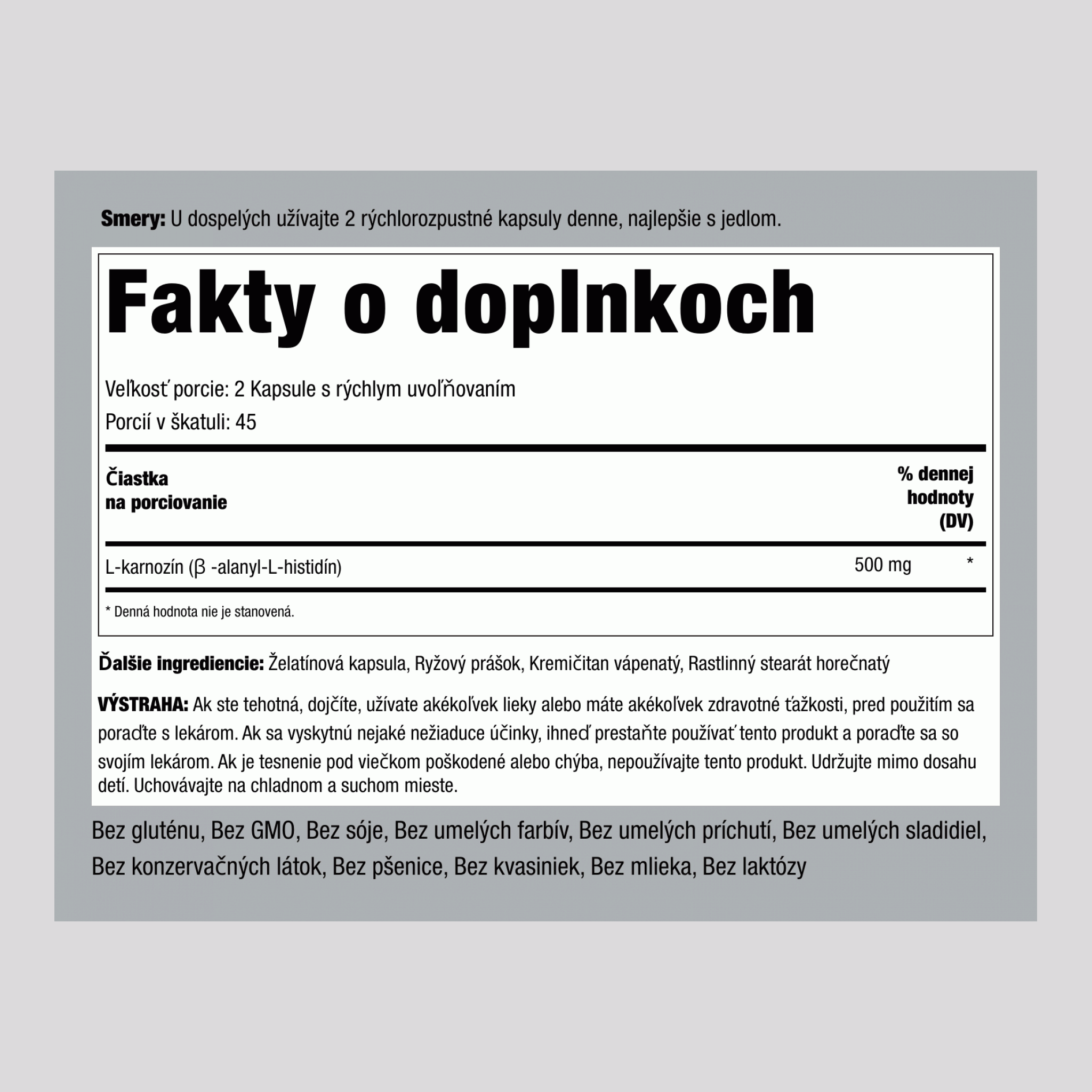 L-Carnosine, 500 mg (na porciu), 90 kapsúl s rýchlym uvoľnením