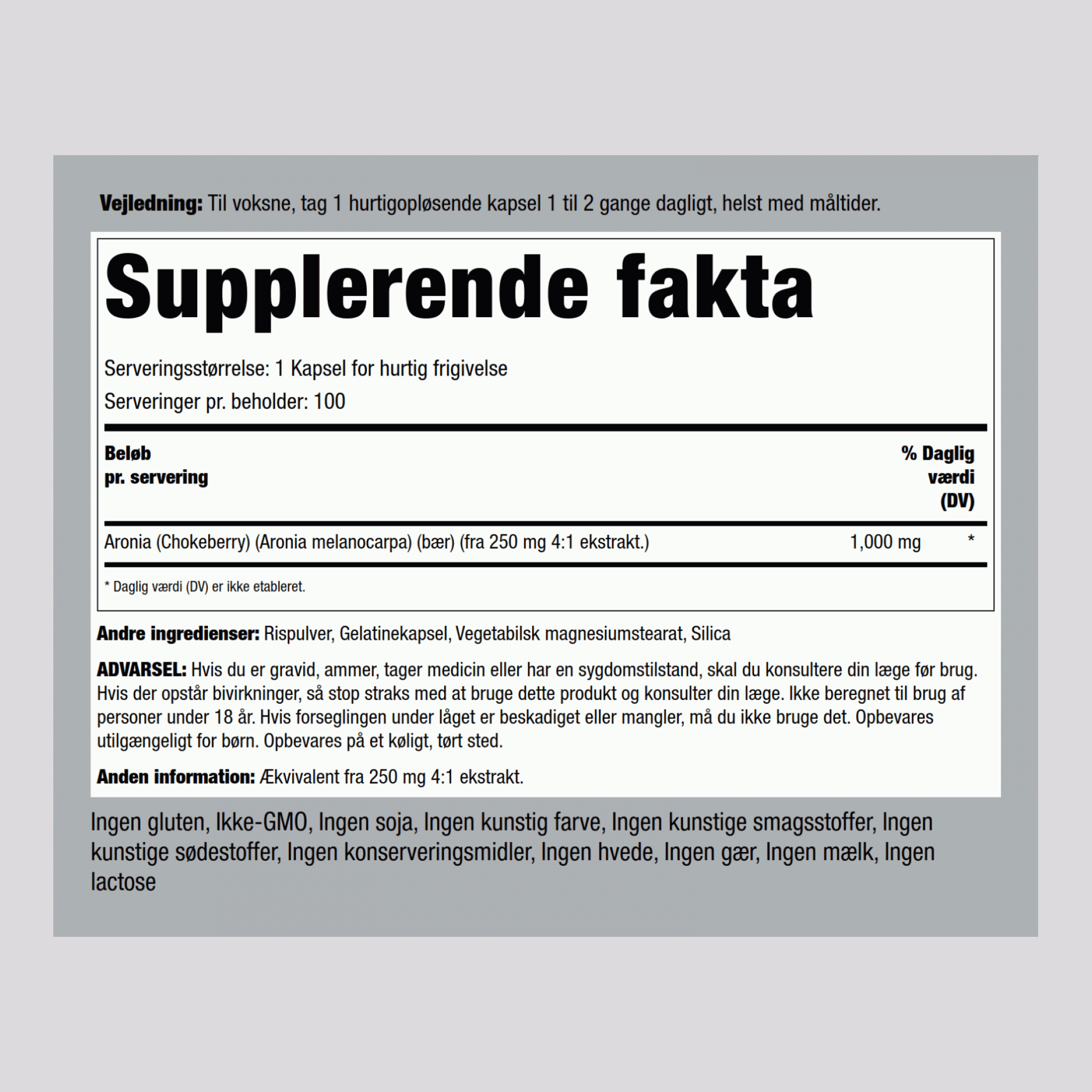 Aronia (Surbær) 1000 mg 100 Kapsler for hurtig frigivelse     