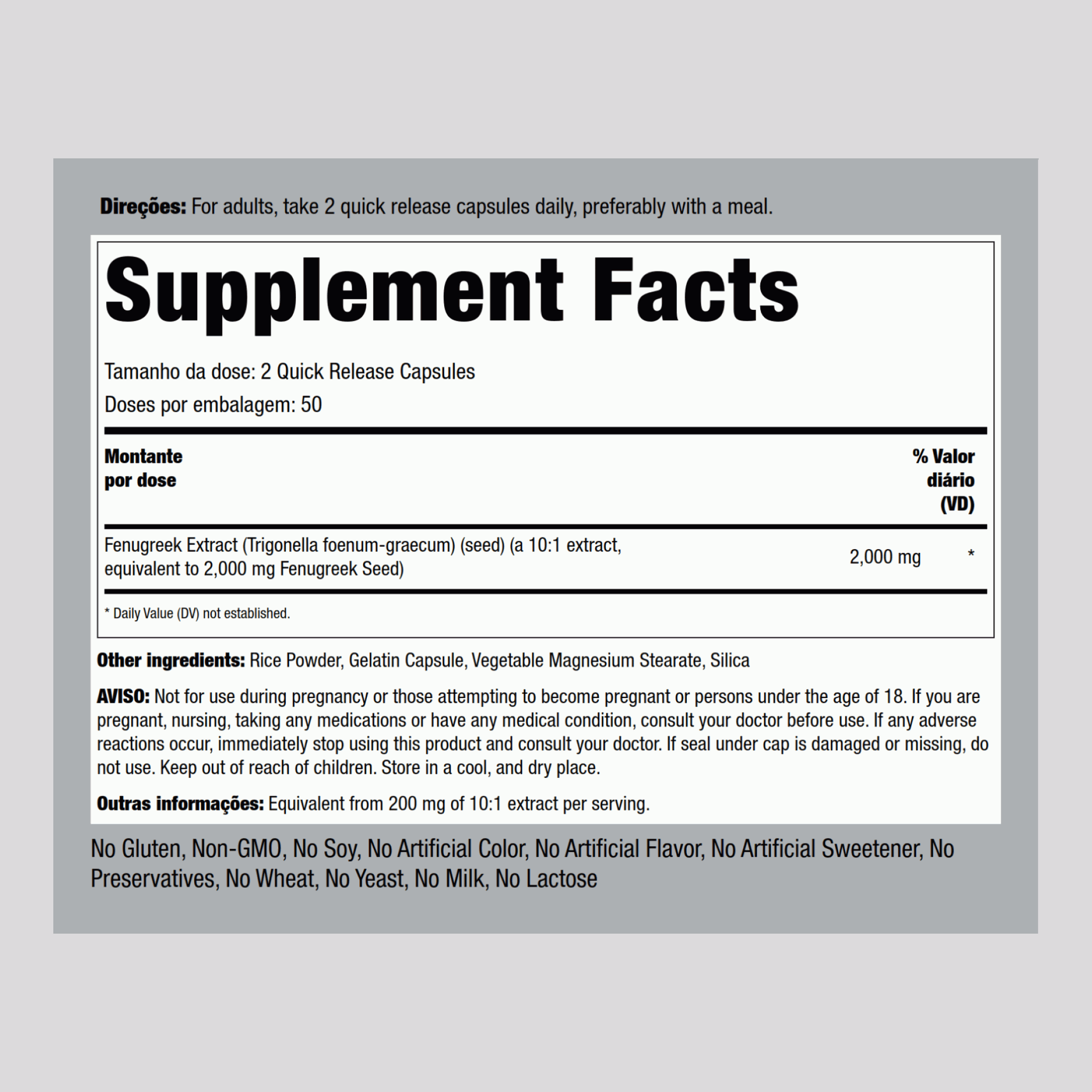 Fenugreek  2000 mg (por dose) 100 Cápsulas de Rápida Absorção     