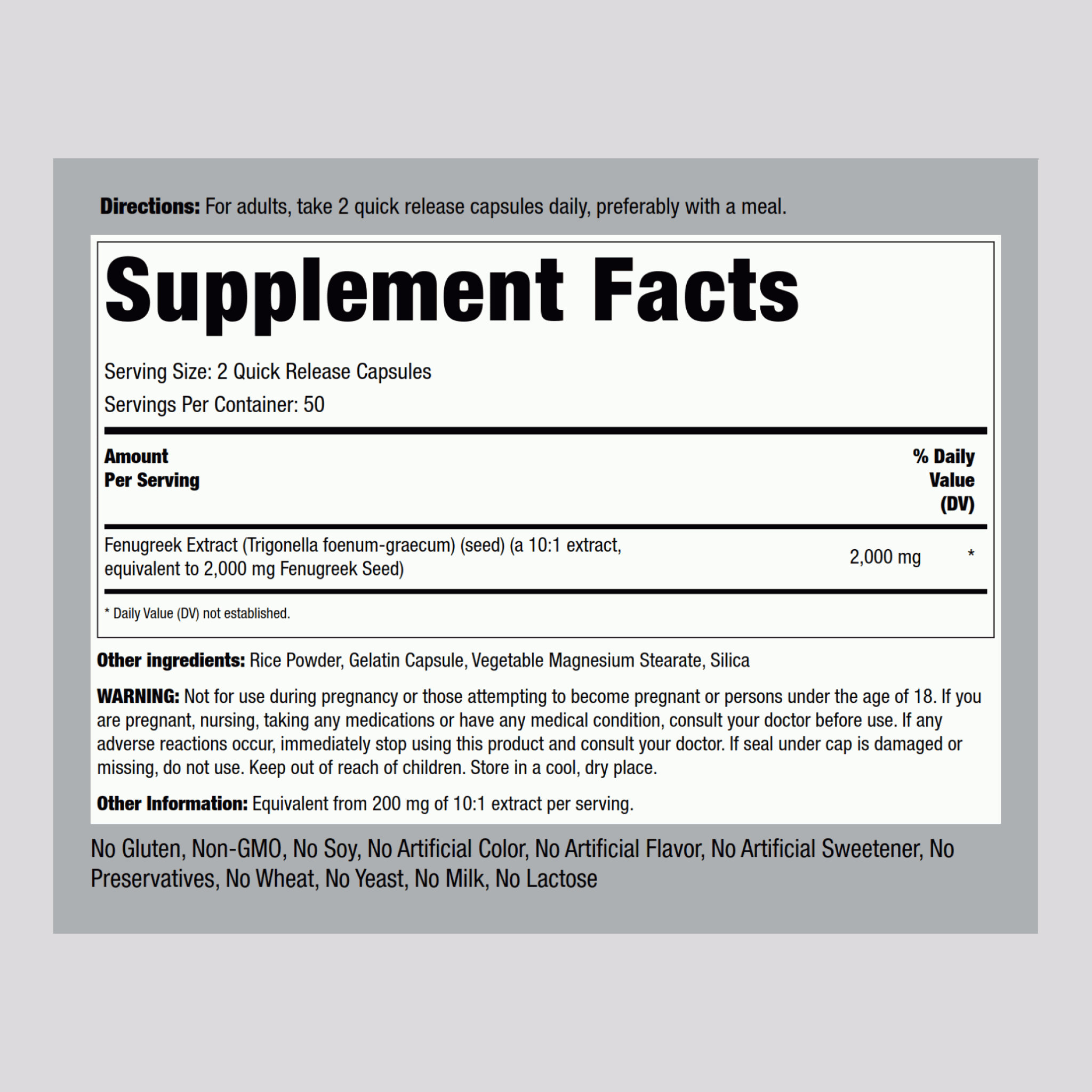 Fenugreek, 2000 mg (per serving), 100 Quick Release Capsules