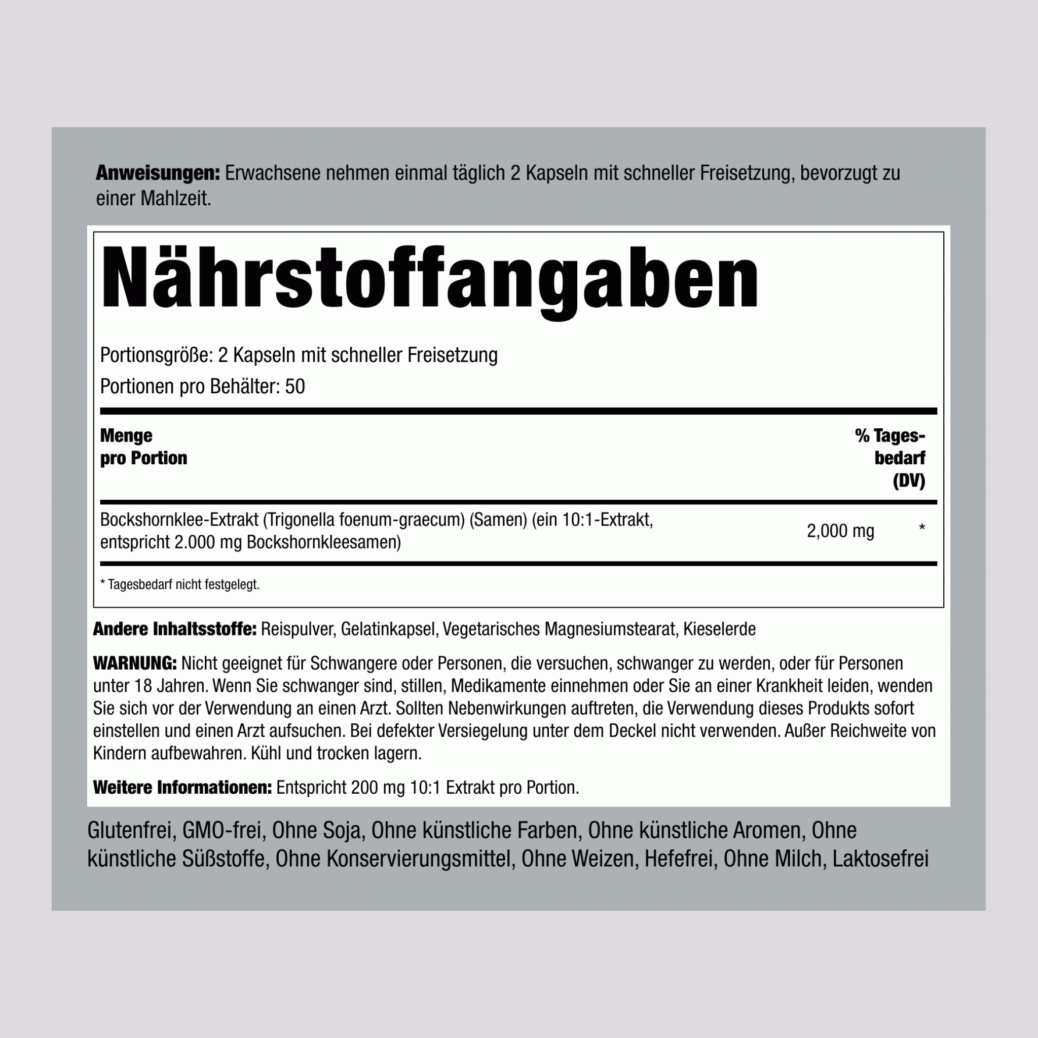 Bockshornklee ,  2000 mg (pro Portion) 100 Kapseln mit schneller Freisetzung 2 Flaschen