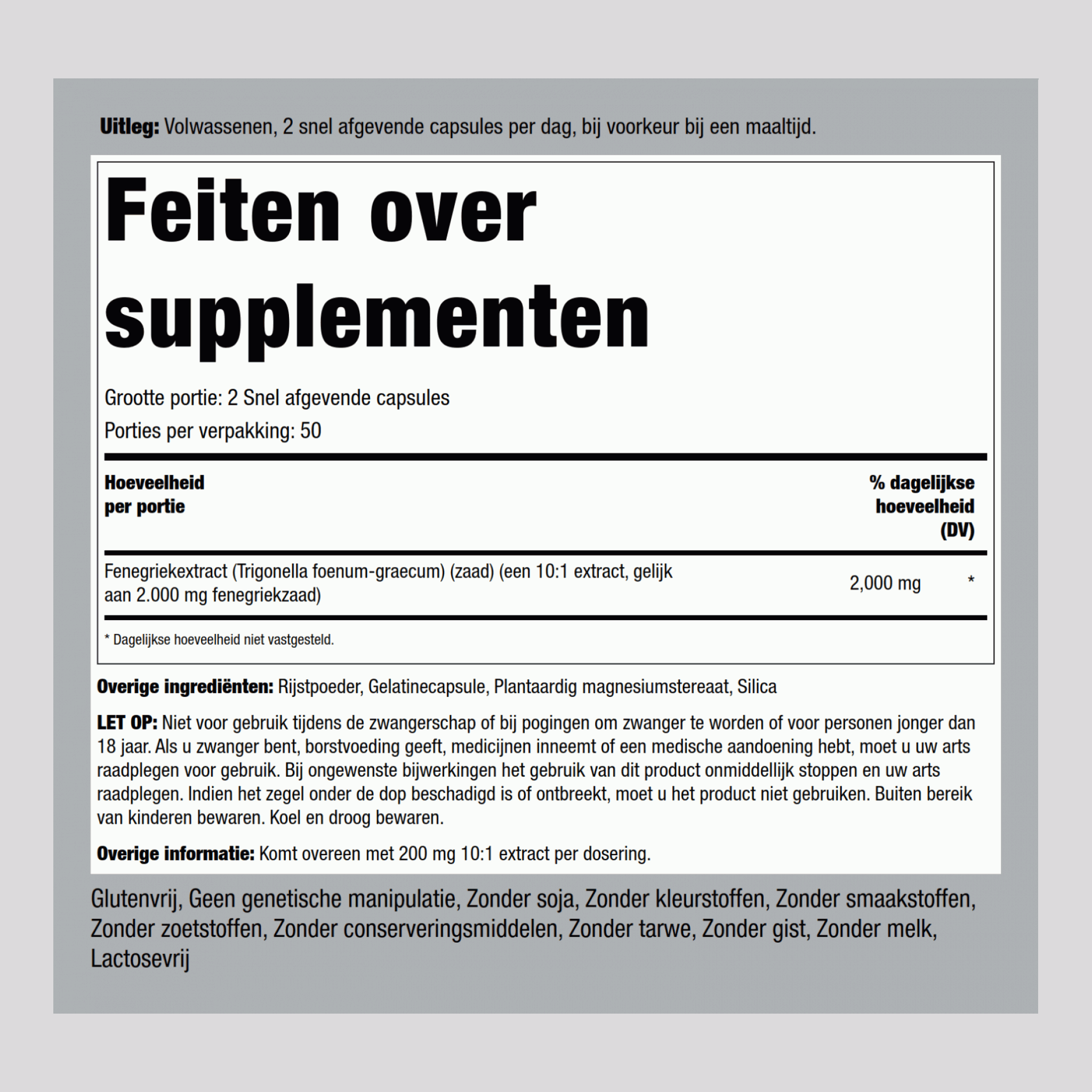 Fenugreek ,  2000 mg (par portion) 100 Gélules à libération rapide 2 Bouteilles