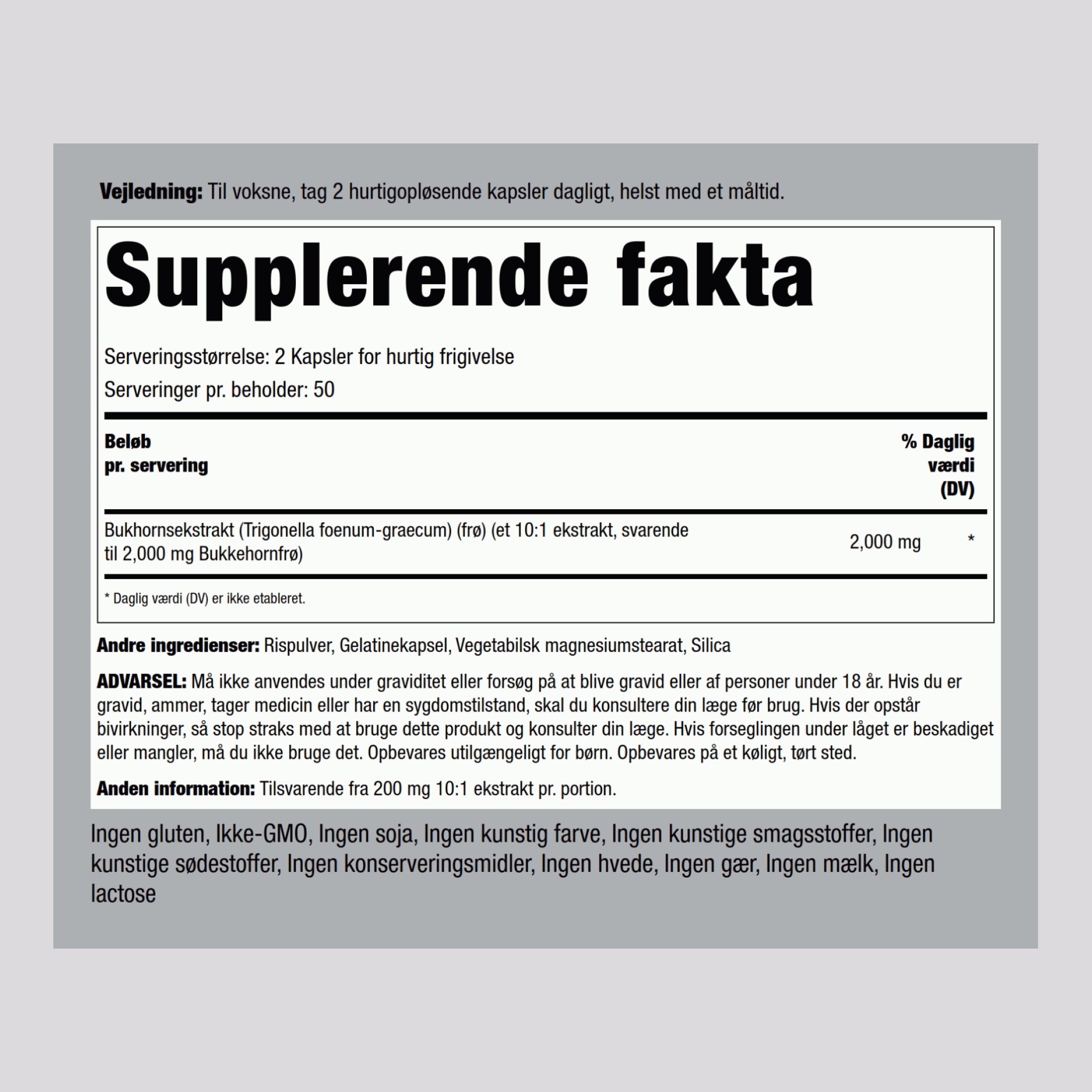 Fenugreek ,  2000 mg (par portion) 100 Gélules à libération rapide 2 Bouteilles