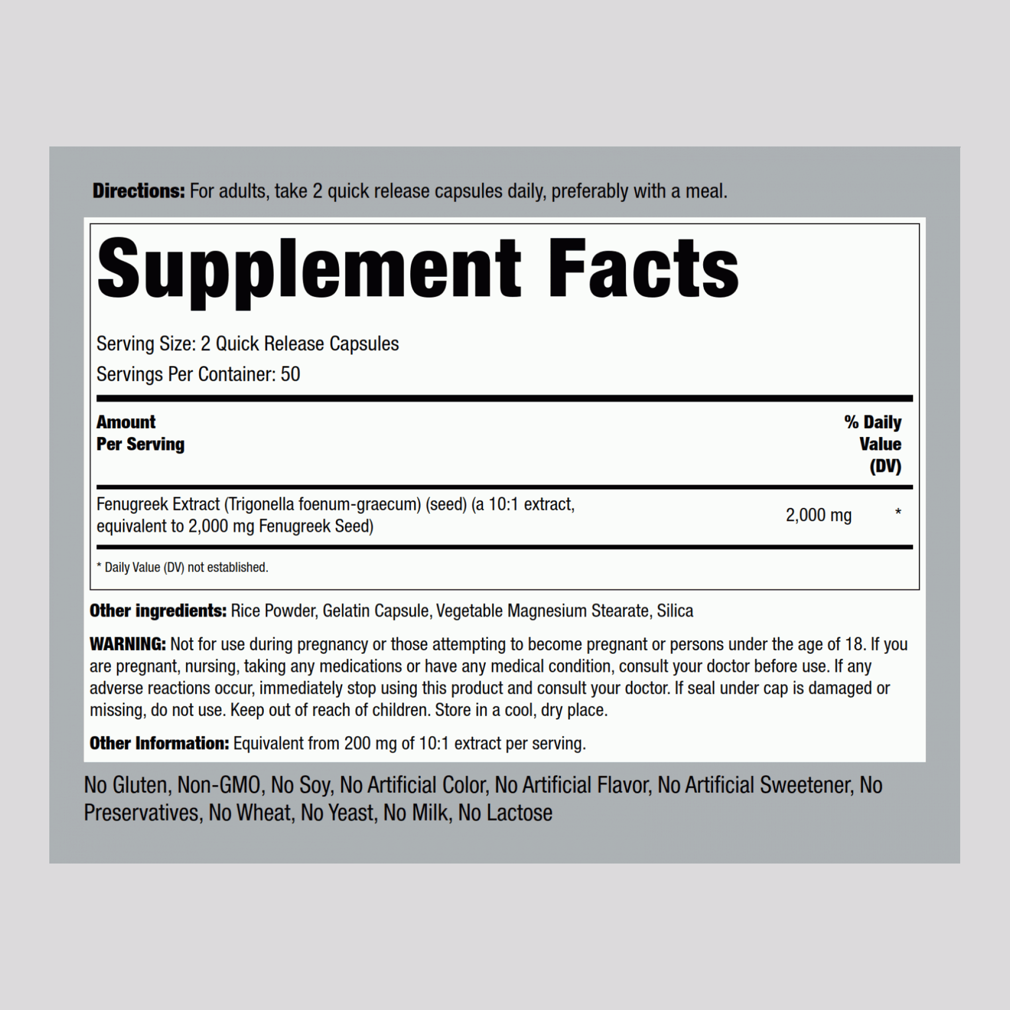 Fenugreek ,  2000 mg (par portion) 100 Gélules à libération rapide 2 Bouteilles