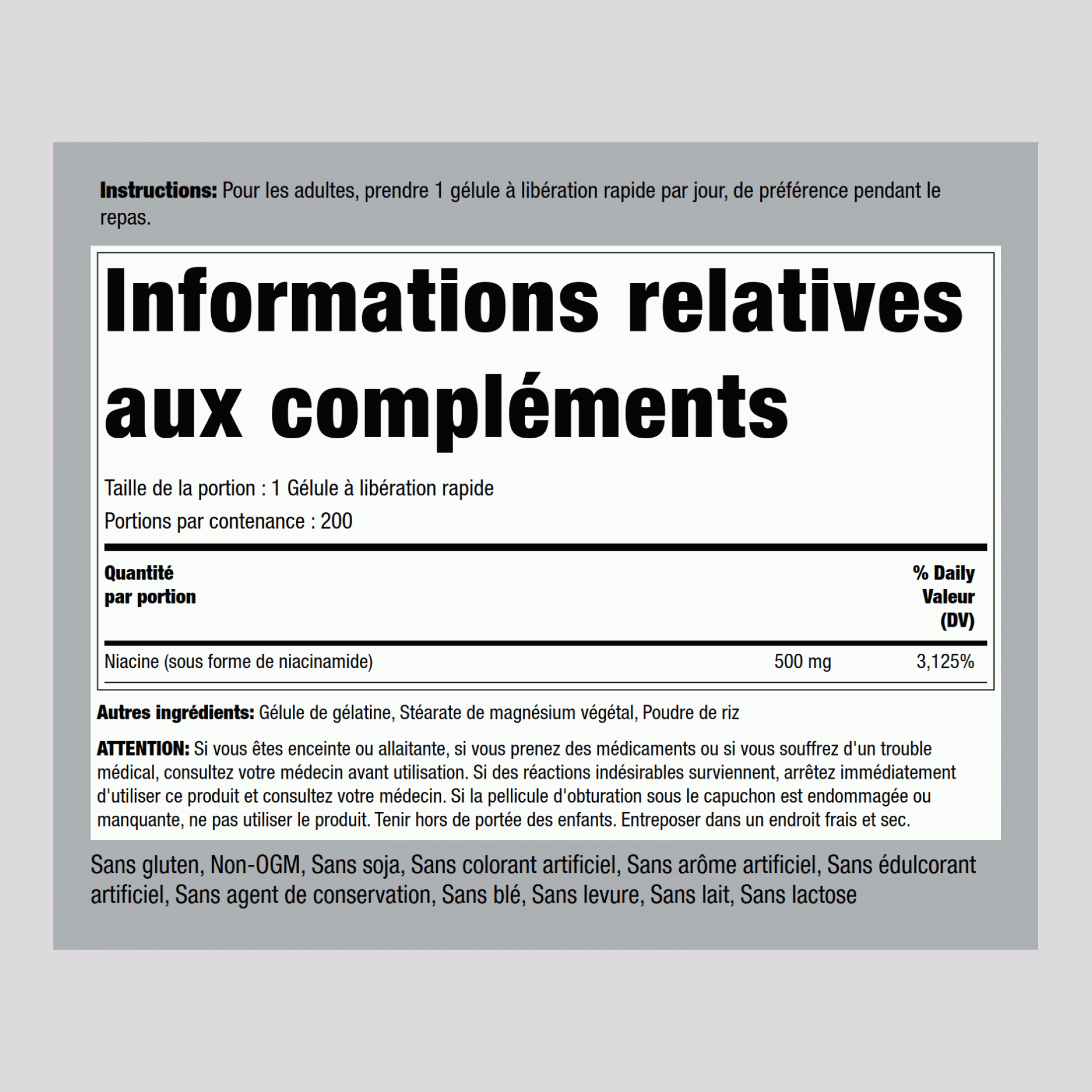 Niacinamide B-3 500 mg 200 Gélules à libération rapide     