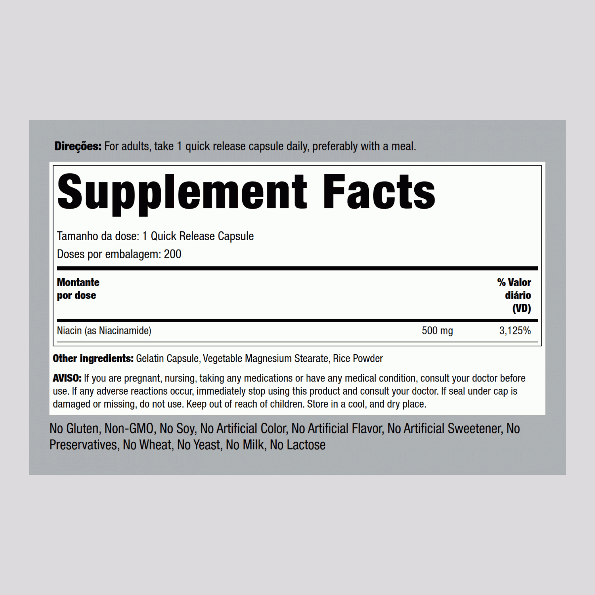 Niacinamida B3 500 mg 200 Cápsulas de Rápida Absorção     