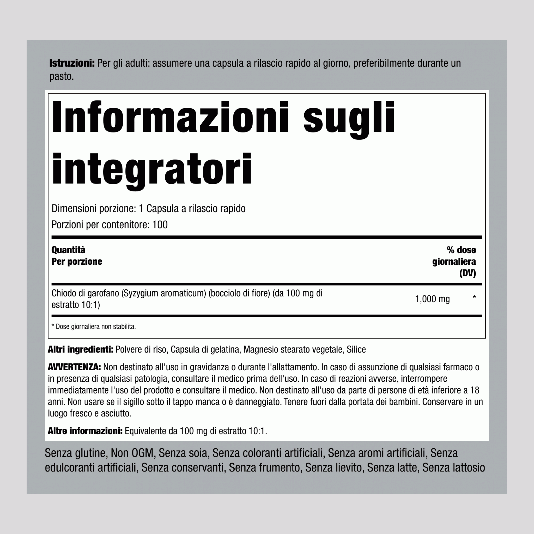 Chiodi di garofano ,  1000 mg 100 Capsule a rilascio rapido 2 Bottiglie