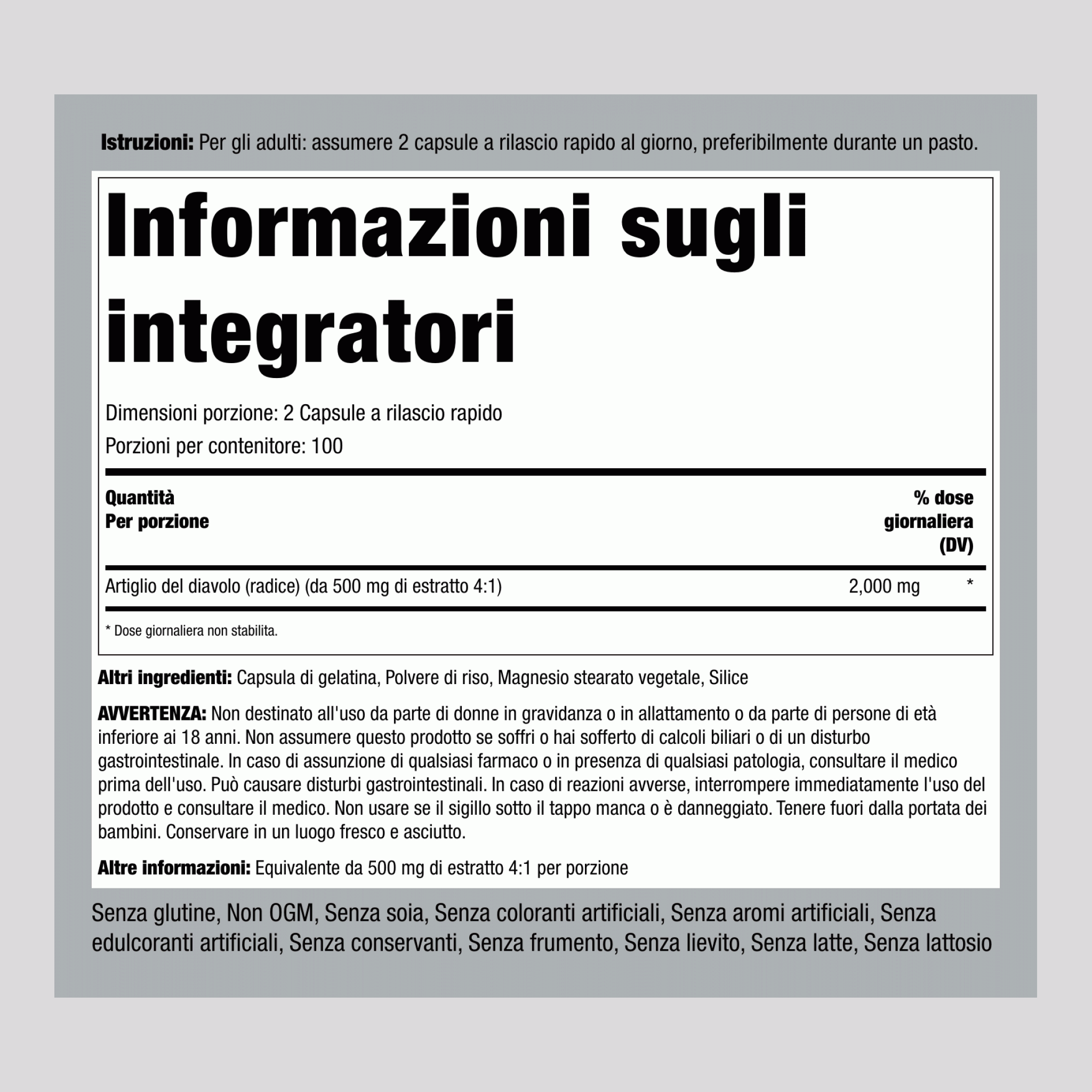 Artiglio del Diavolo, 2000 mg (per porzione), 200 Capsule a Rilascio Rapido
