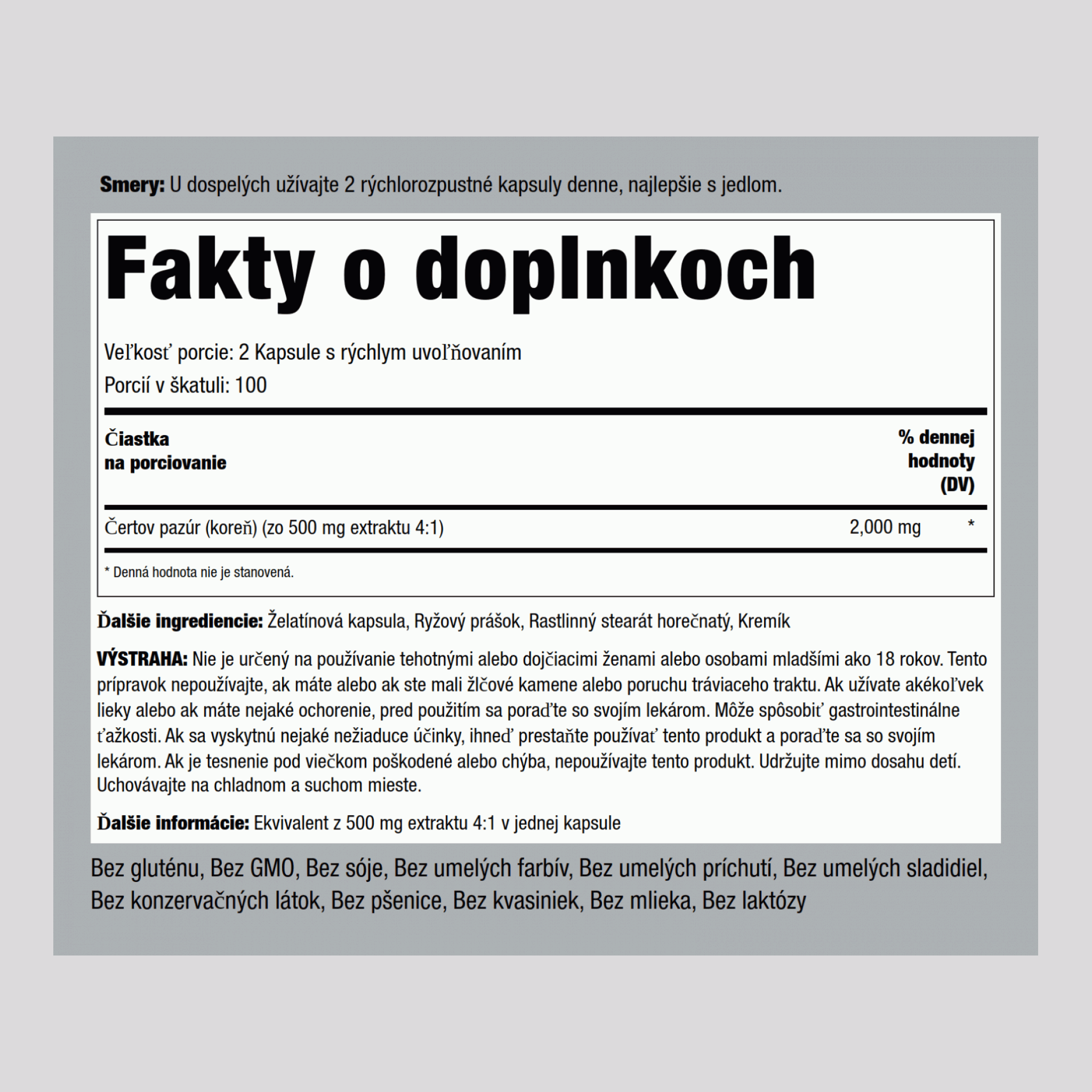 Harpagofytov koreň  2,000 mg (v jednej dávke) 200 Kapsule s rýchlym uvoľňovaním     