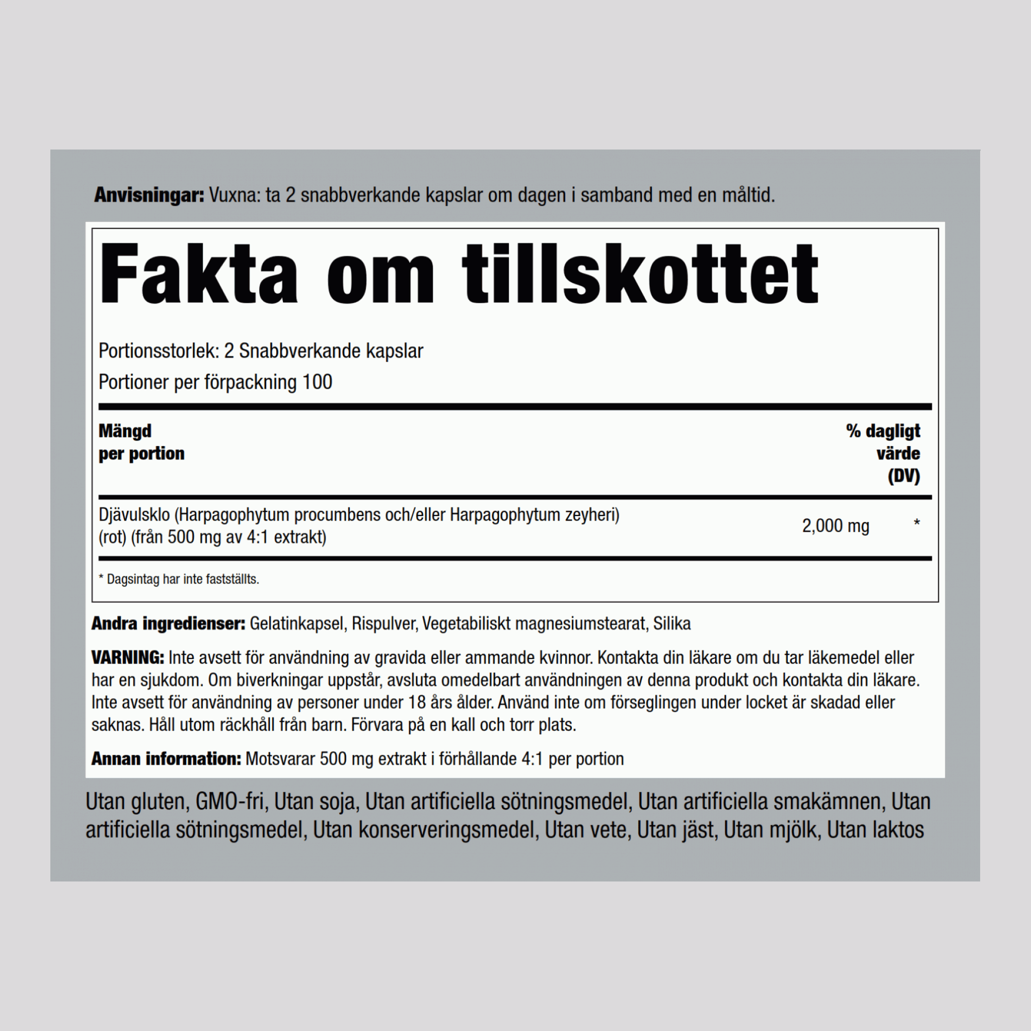 Djävulsklo, 2000 mg (per portion), 200 Snabbfrisläppande Kapslar, 2 Flaskor