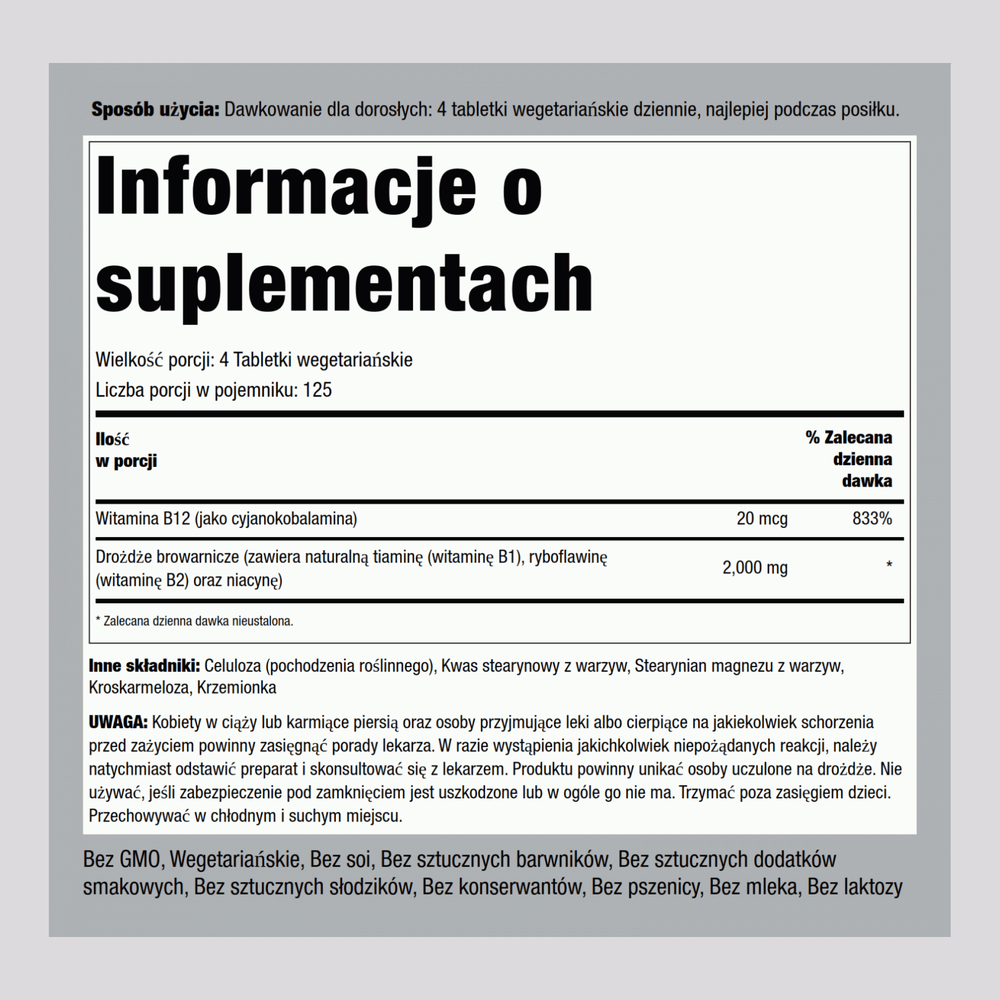 Drożdże gorzelnicze  2000 mg (na porcję) 500 Tabletki     