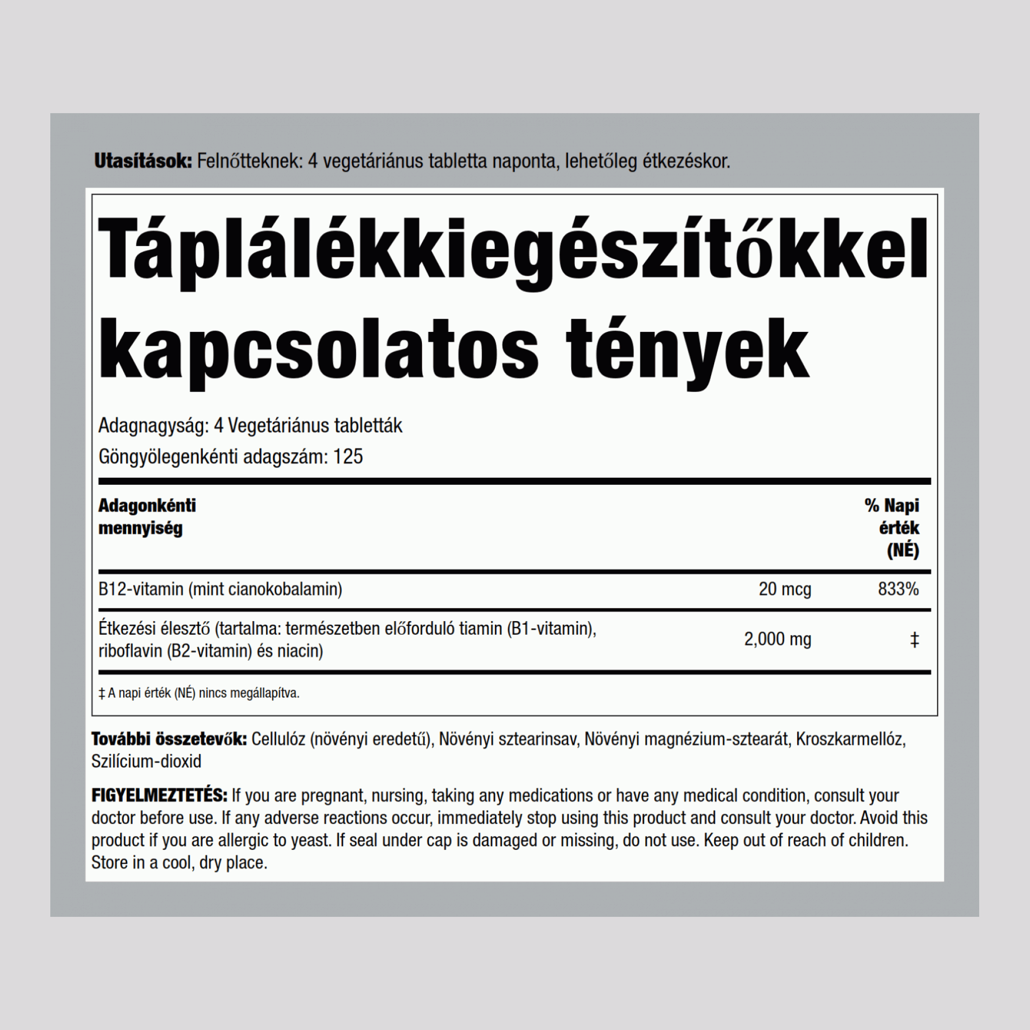 Étkezési élesztő 500 Vegetáriánus tabletták      