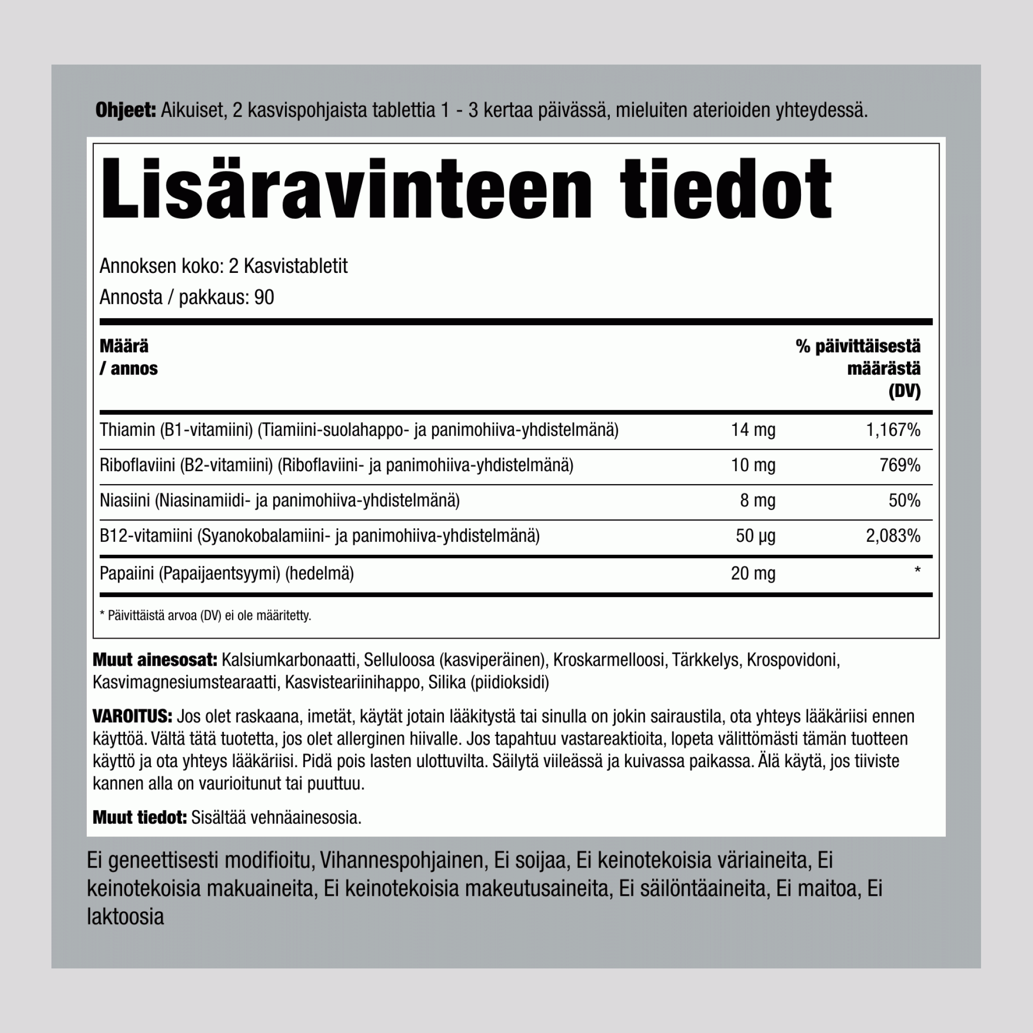 B-vitamiinikompleksi ja B12-vitamiini,  180 Tabletit 2 Pulloa