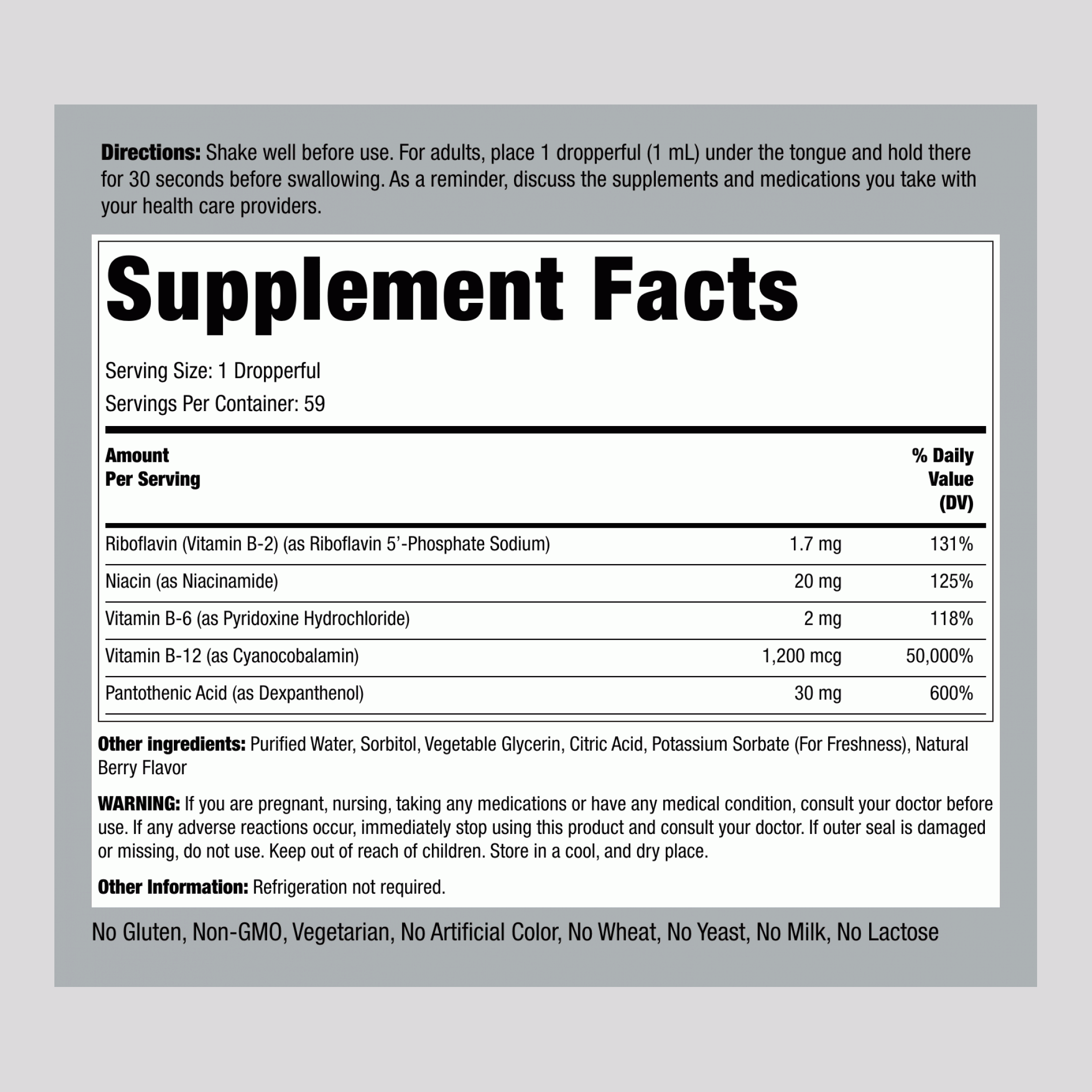 B-Complex Liquid Plus B-12 Sublingual (Delicious Berry), 1200 mcg, 2 fl oz (59 mL) Dropper Bottle, 4  Bottles