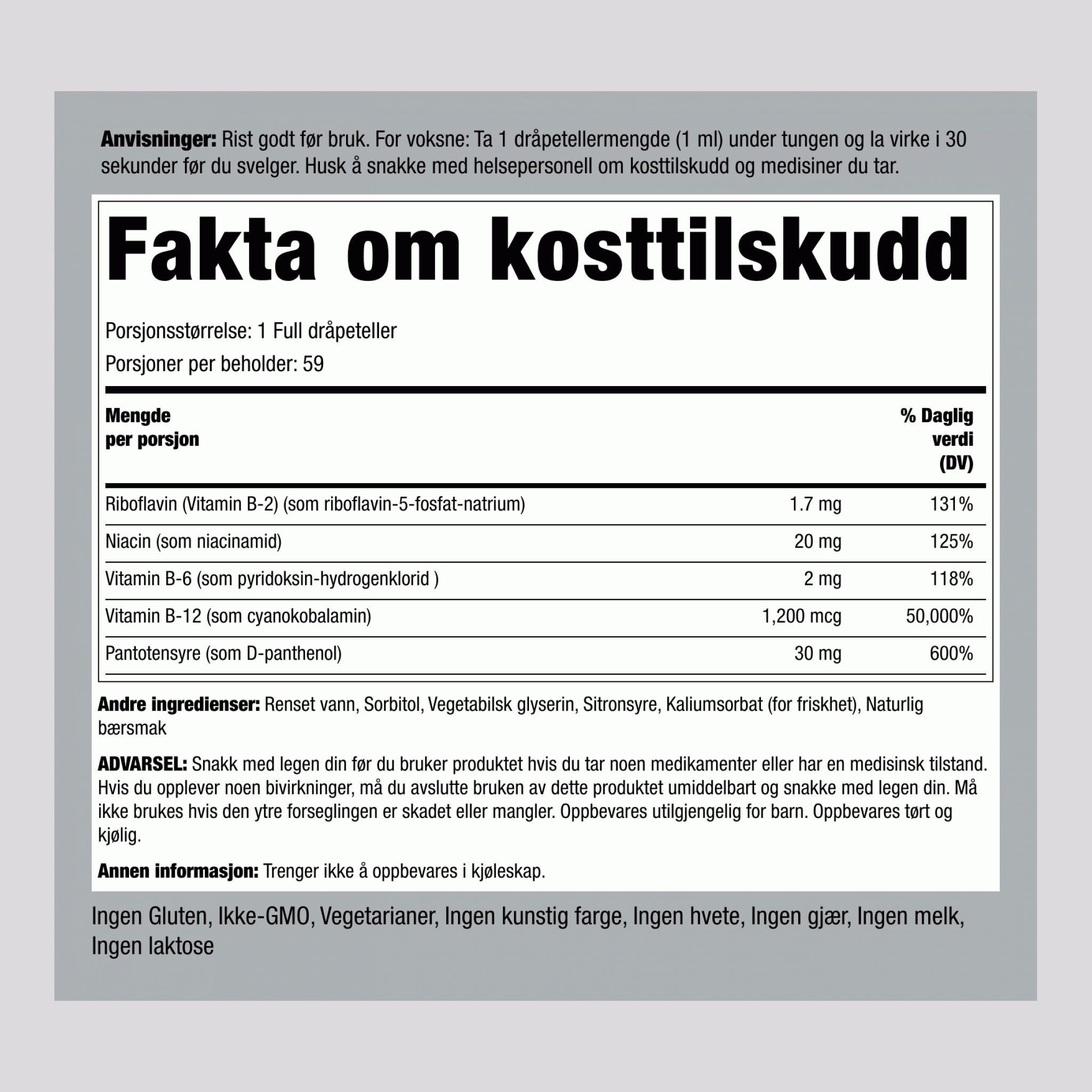 Flytende B-12 med B-Complex 1200 mcg 2 ounce (59 mL), Pipetteflaske 4 Flasker  