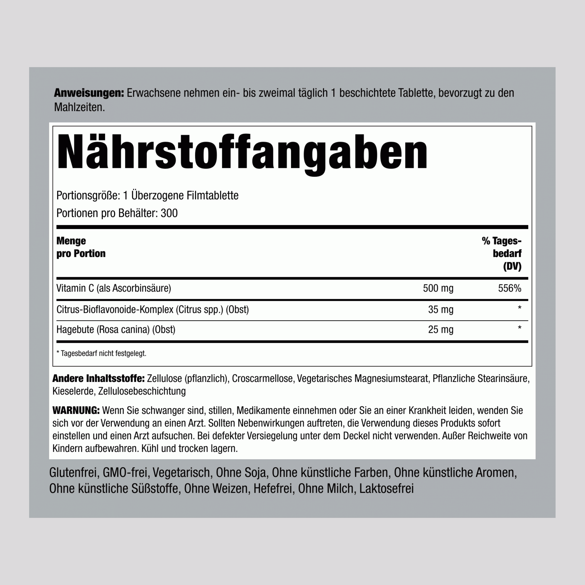 Vitamin C 500mg mit Bioflavonoiden u. Hagebutten 300 Überzogene Filmtabletten       
