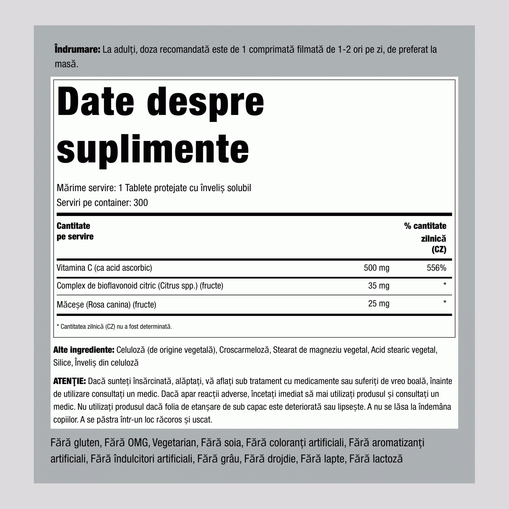 Vitamina C 500mg cu bioflavonoide şi fructe de măceş 300 Tablete cu înveliş solubil protejate       
