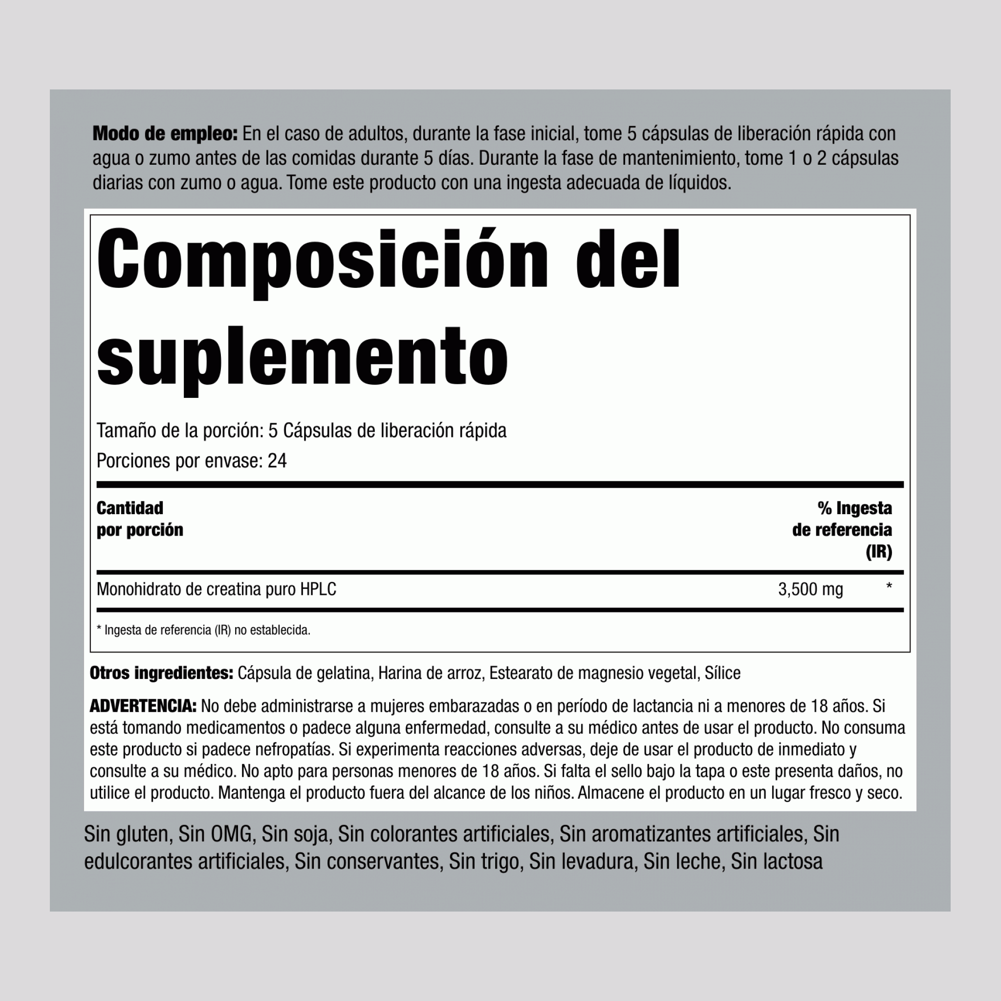 Monohidrato de creatina  3500 mg (por porción) 120 Cápsulas de liberación rápida     