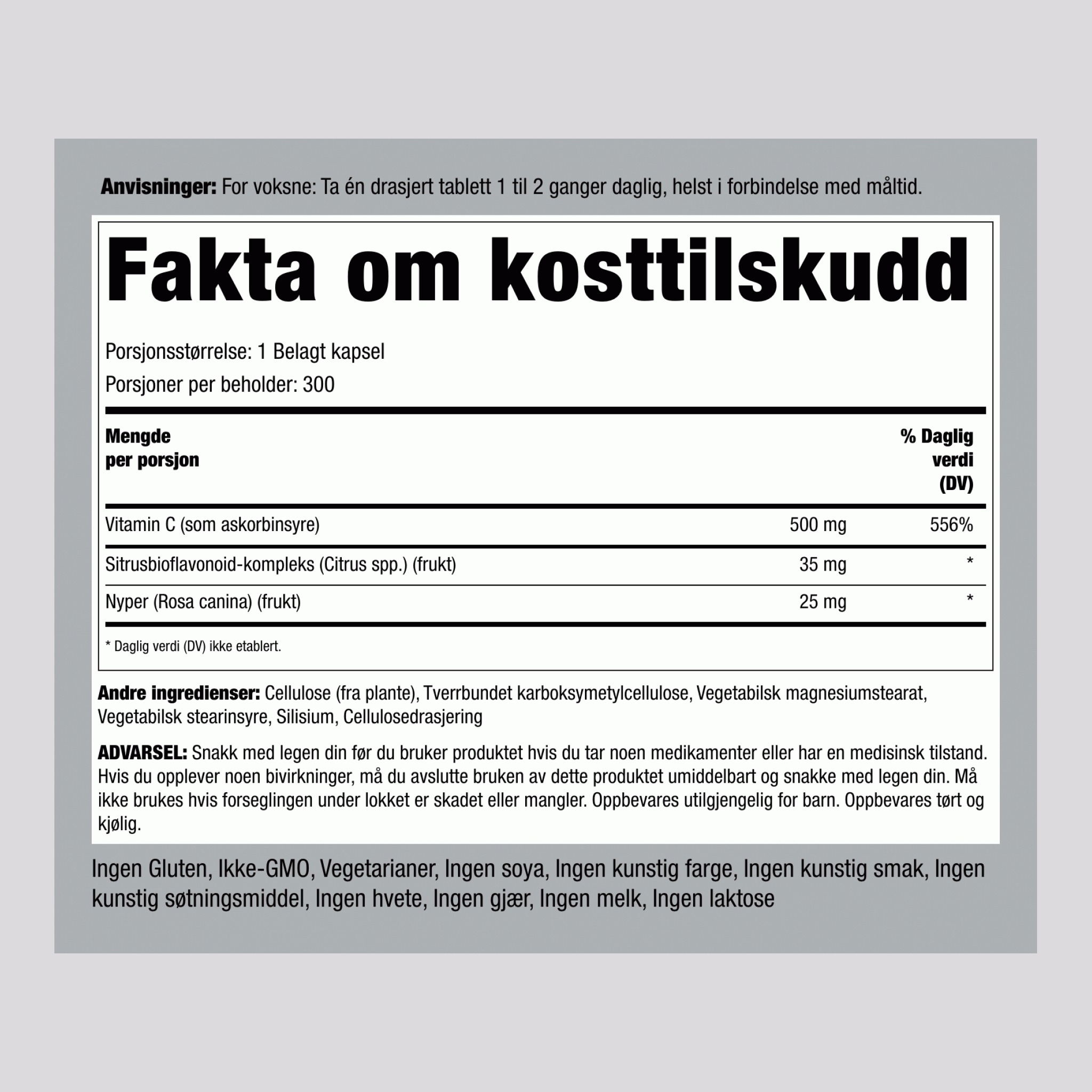 Vitamin C 500mg med bioflavonoider og klungerroser 300 Belagte kapsler 2 Flasker     