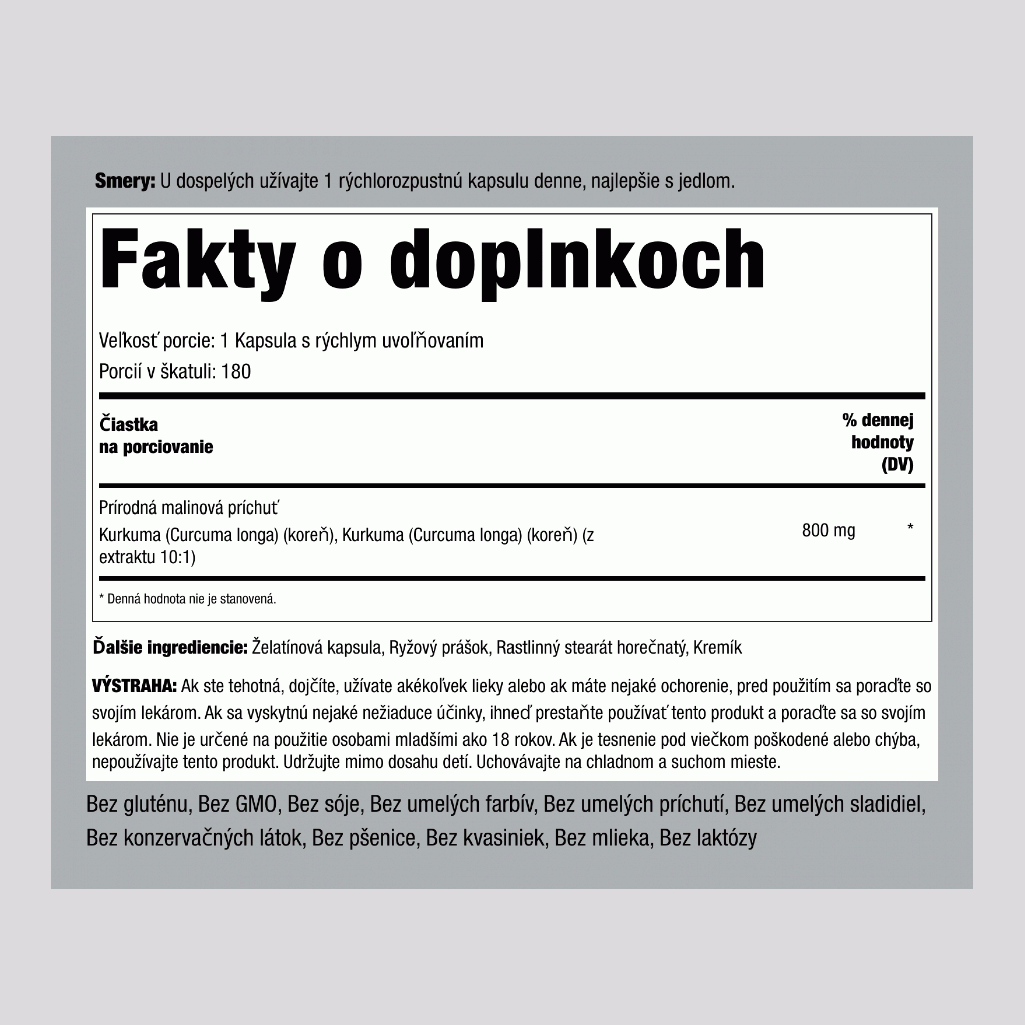 Komplex z kurkumy a kurkumínu 800 mg 180 Kapsule s rýchlym uvoľňovaním     