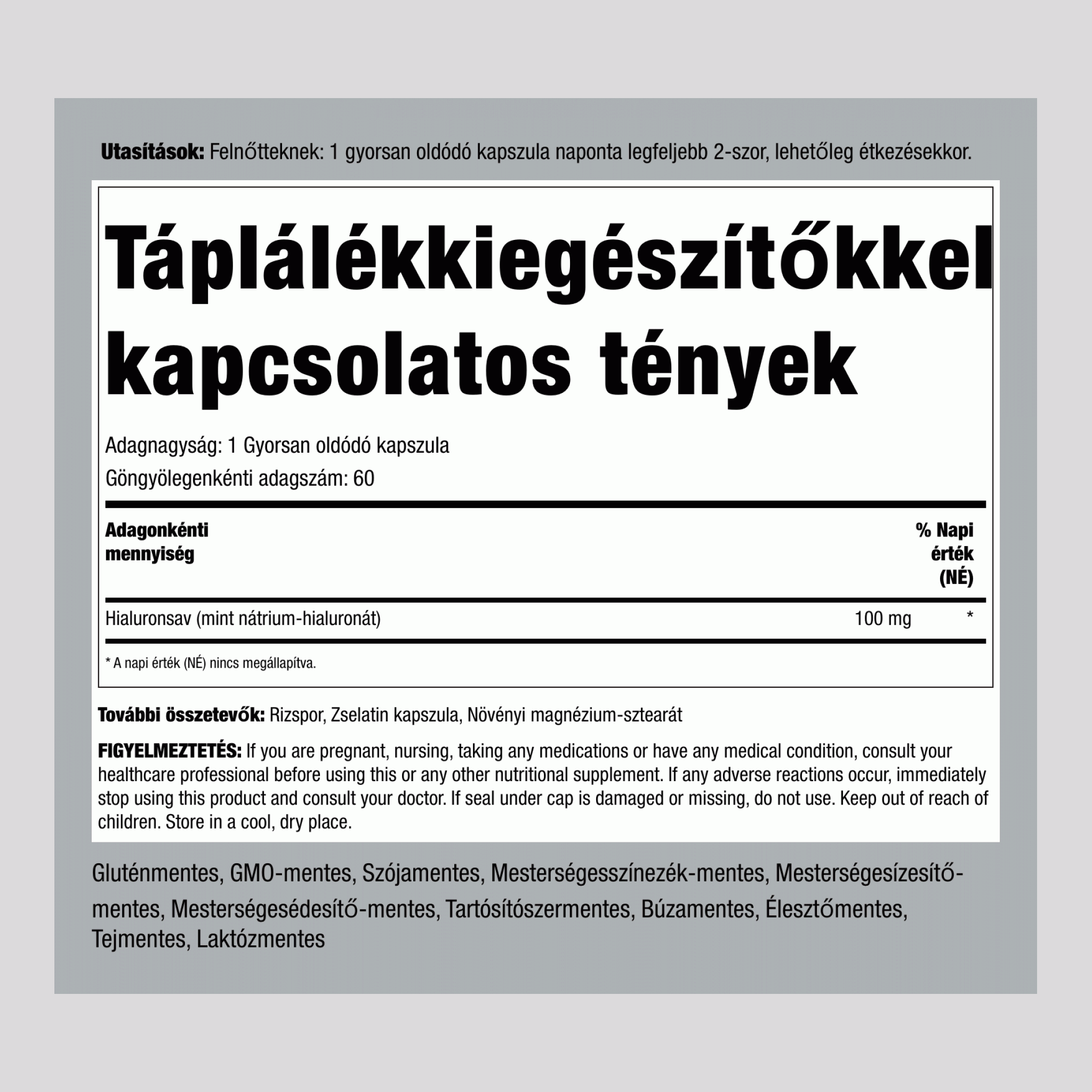 H-egyesített hialuronsav  100 mg 60 Gyorsan oldódó kapszula     