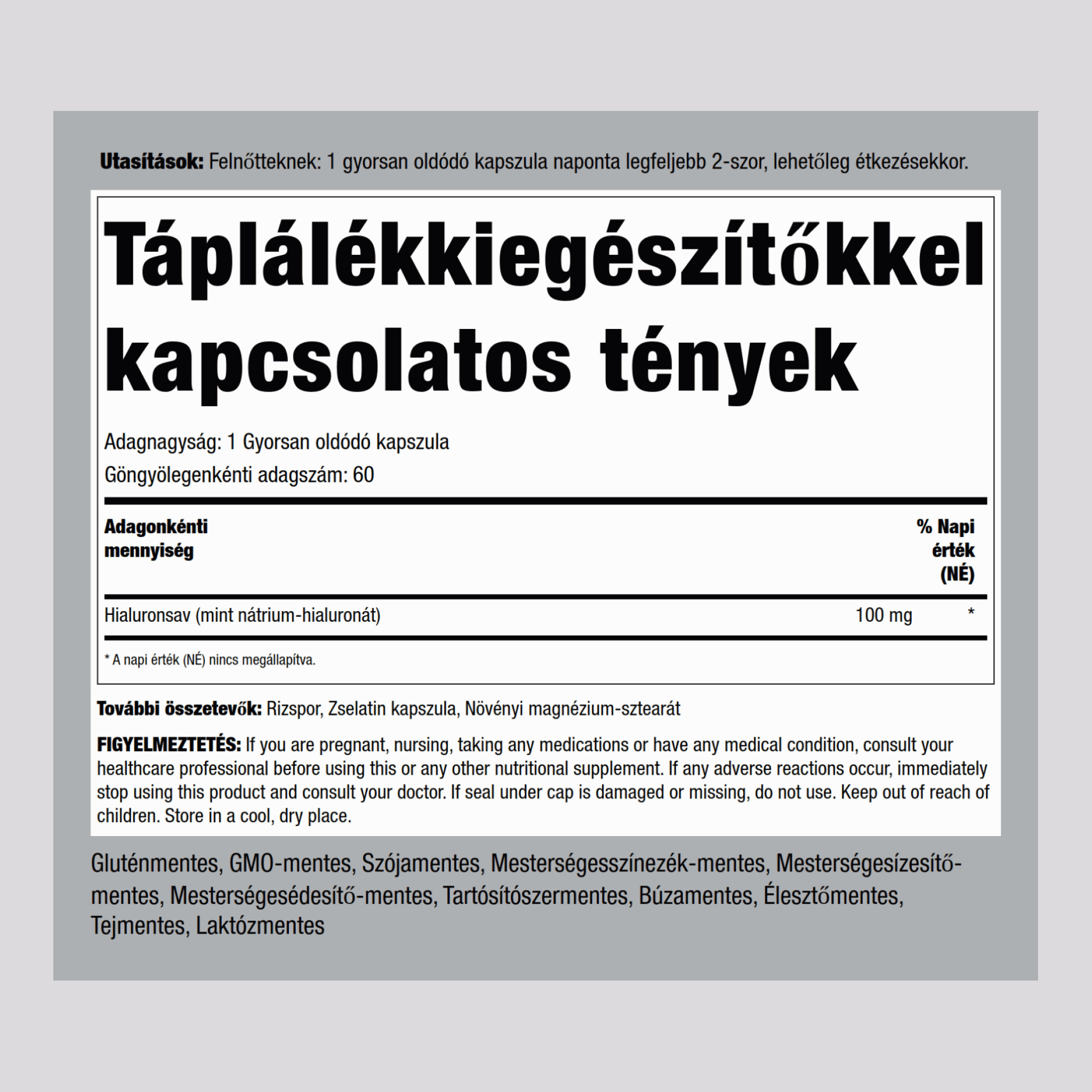 H-egyesített hialuronsav  100 mg 60 Gyorsan oldódó kapszula     